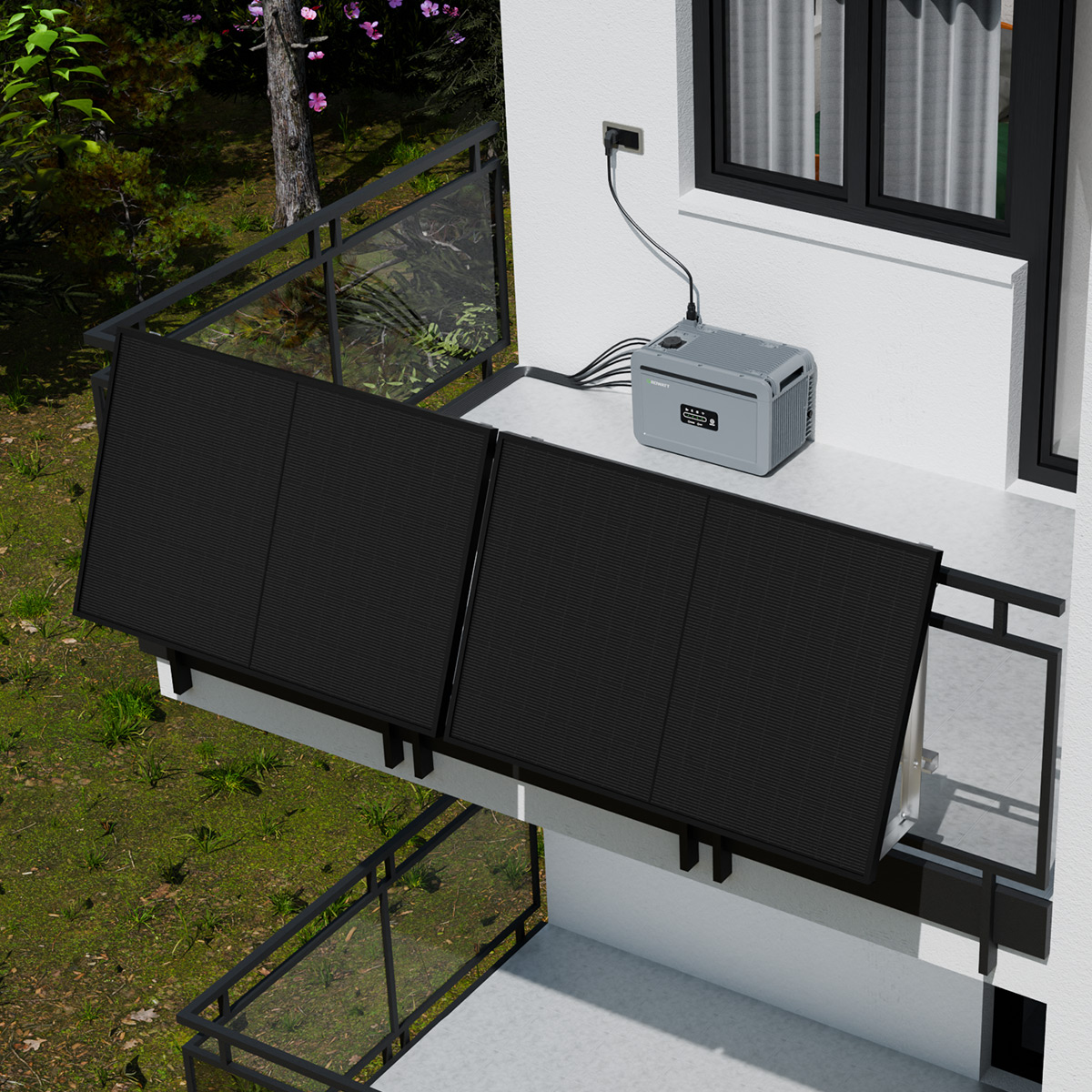 Auf einem Balkon installierte Sonnenkollektoren, die mit einem Kraftwerk verbunden sind, mit Blick auf grünes Gras.