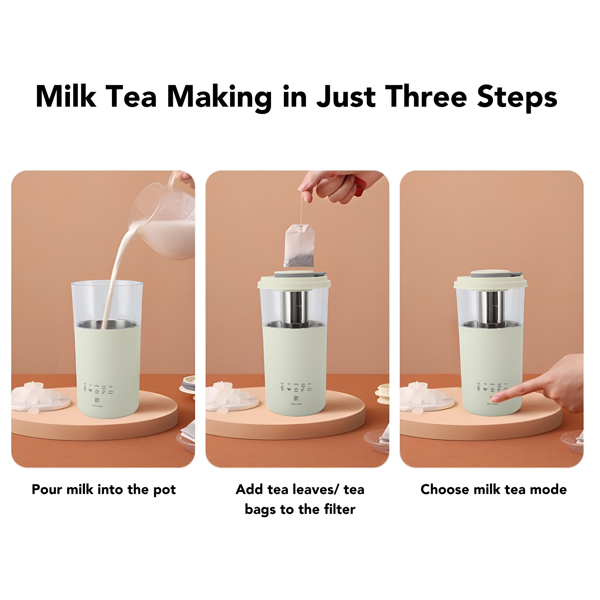 Milchtee-Zubereitung: Milch einfüllen, Teeblätter hinzufügen, Milchtee-Modus wählen.