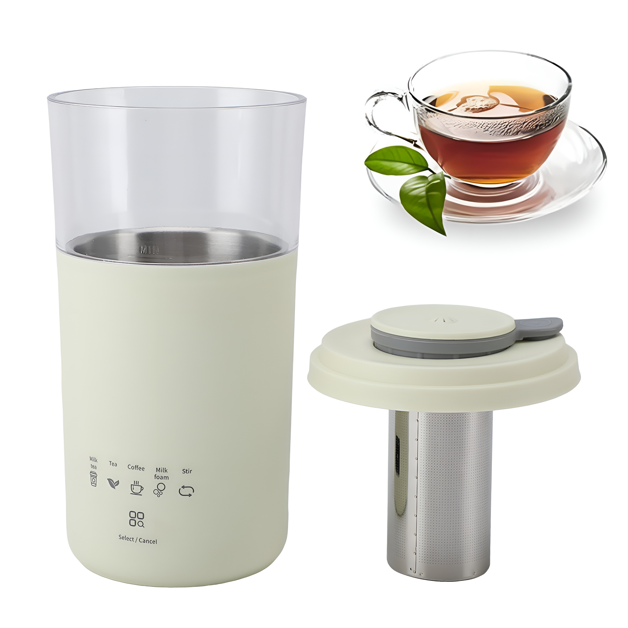 Ein Teezubereiter mit einer Tasse Tee und einem Tee-Infuser.