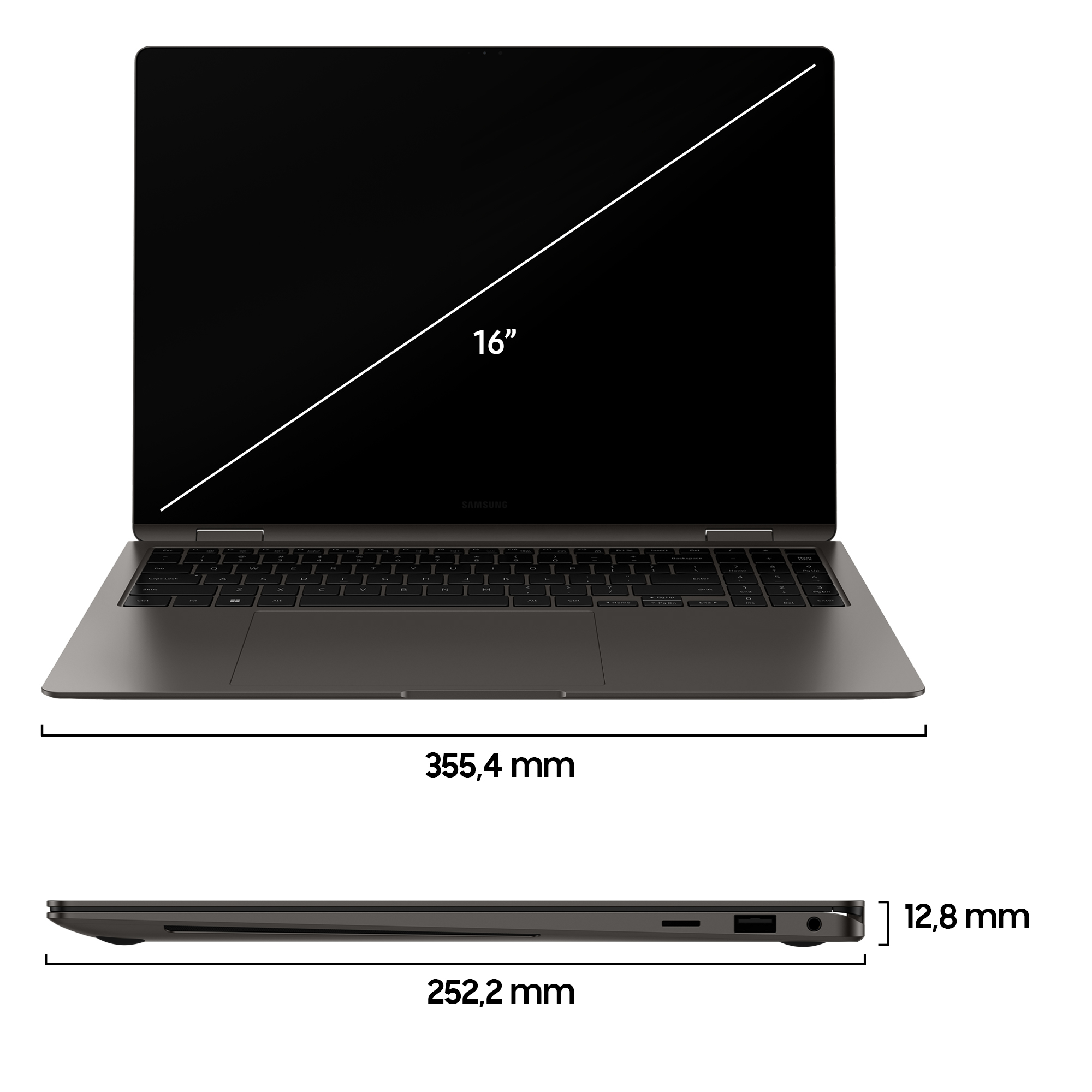 Un laptop argentato che mostra le dimensioni: schermo da 16 pollici, 355,4 mm larghezza, 252,2 mm lunghezza, 12,8 mm spessore.