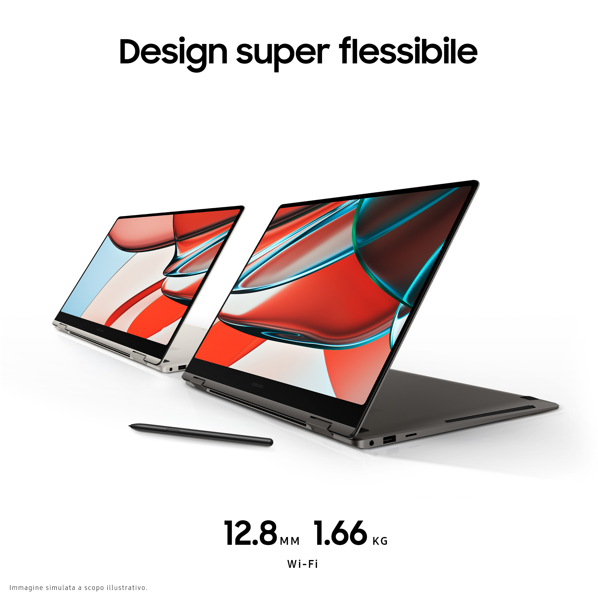 Due laptop, stilo nero, con un design flessibile. 12,8 mm, 1,66 kg.