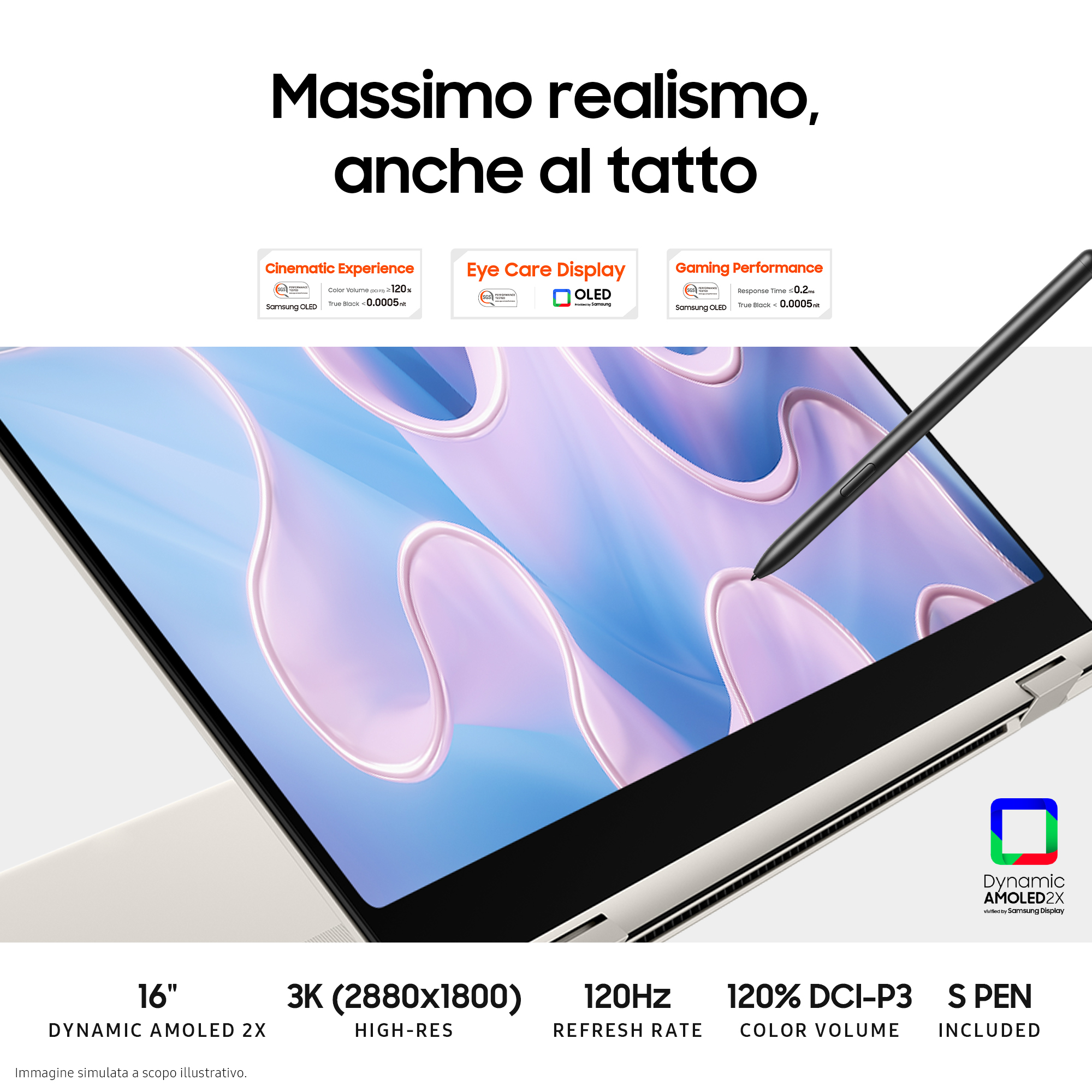 Un laptop mostra le funzionalità, con una penna. Il testo include 'Cinematic Experience', 'Eye Care Display' e 'Gaming Performance'.