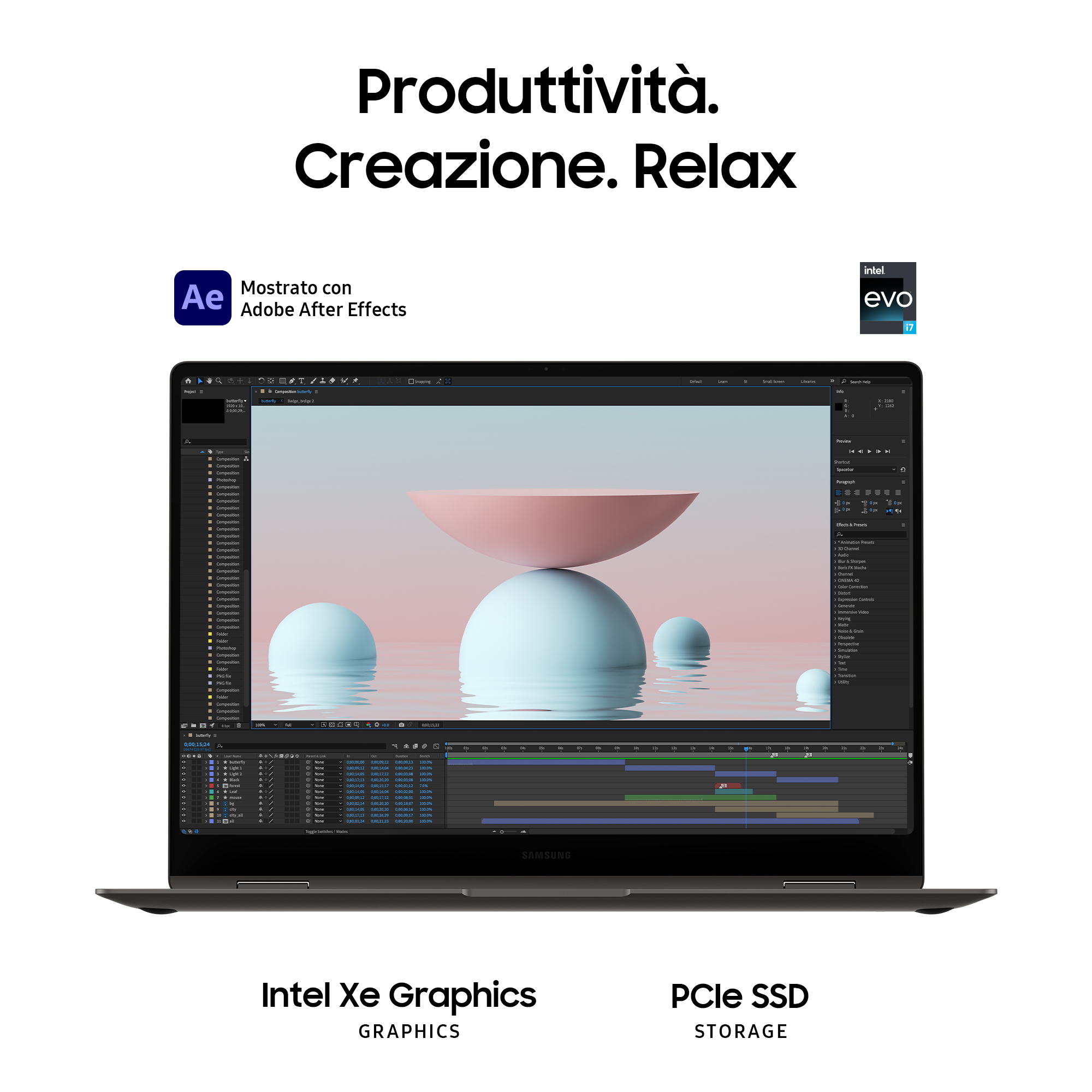 Schermo laptop con animazione 3D in software di editing, con testo sopra e sotto.