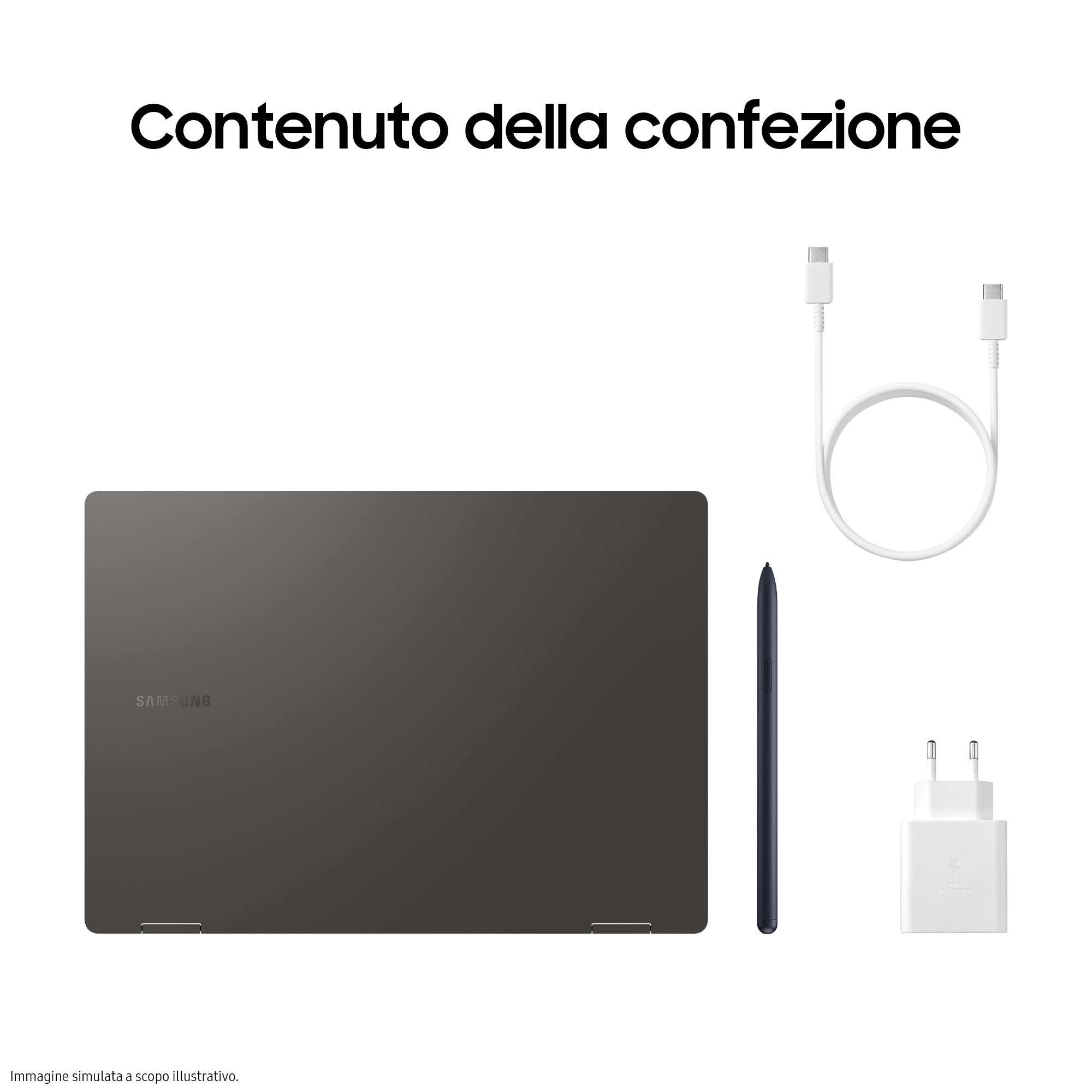 Un laptop, una penna, un caricabatterie e un cavo sono su una superficie bianca. Il laptop è grigio scuro.