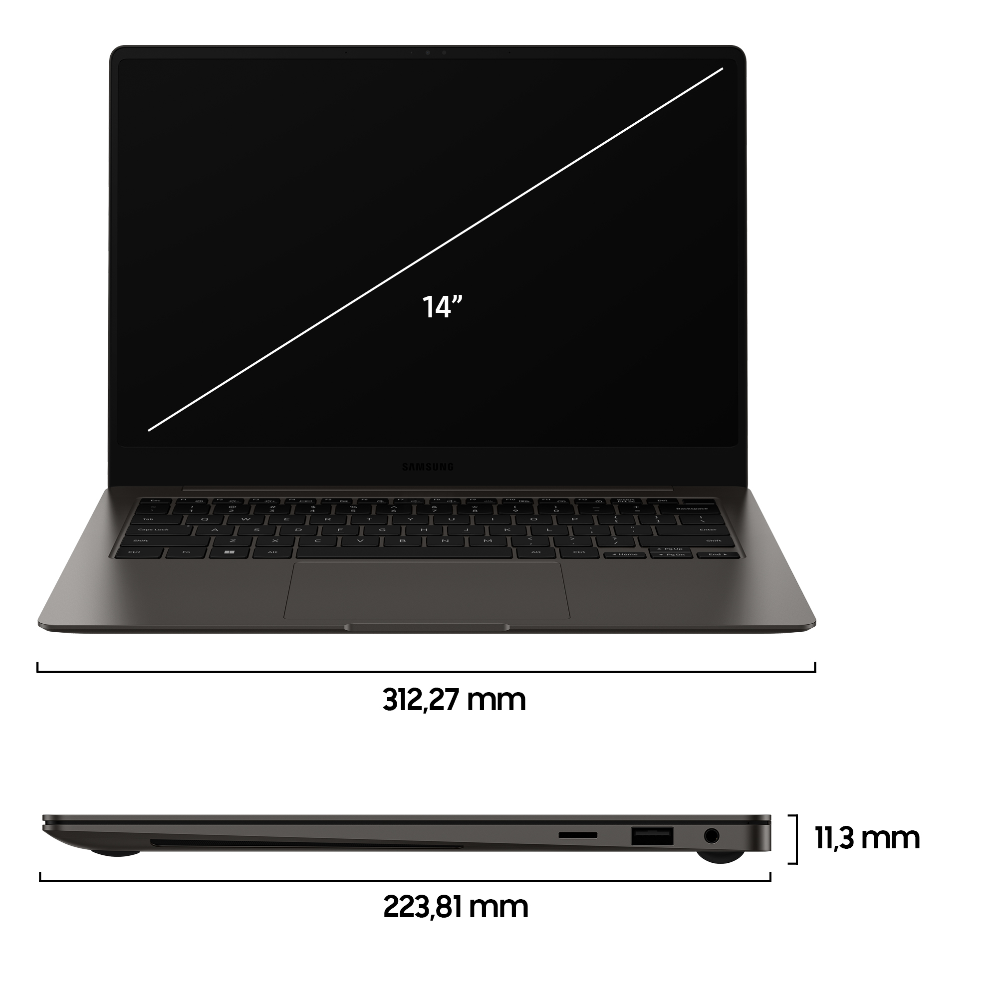 Laptop grigio con schermo da 14". Dimensioni: 312,27 mm x 223,81 mm x 11,3 mm.