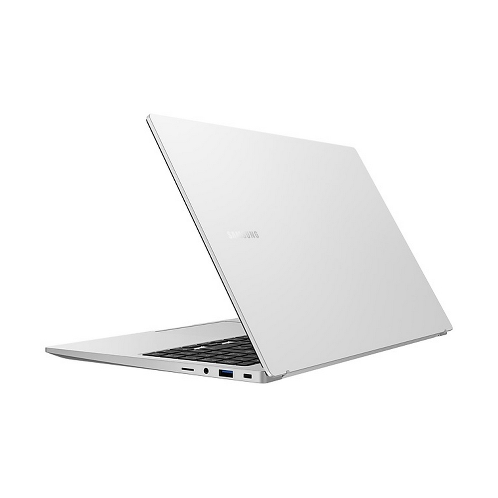 Un laptop bianco, vista posteriore, leggermente aperto. Il logo Samsung è visibile. Il laptop è su una superficie bianca.