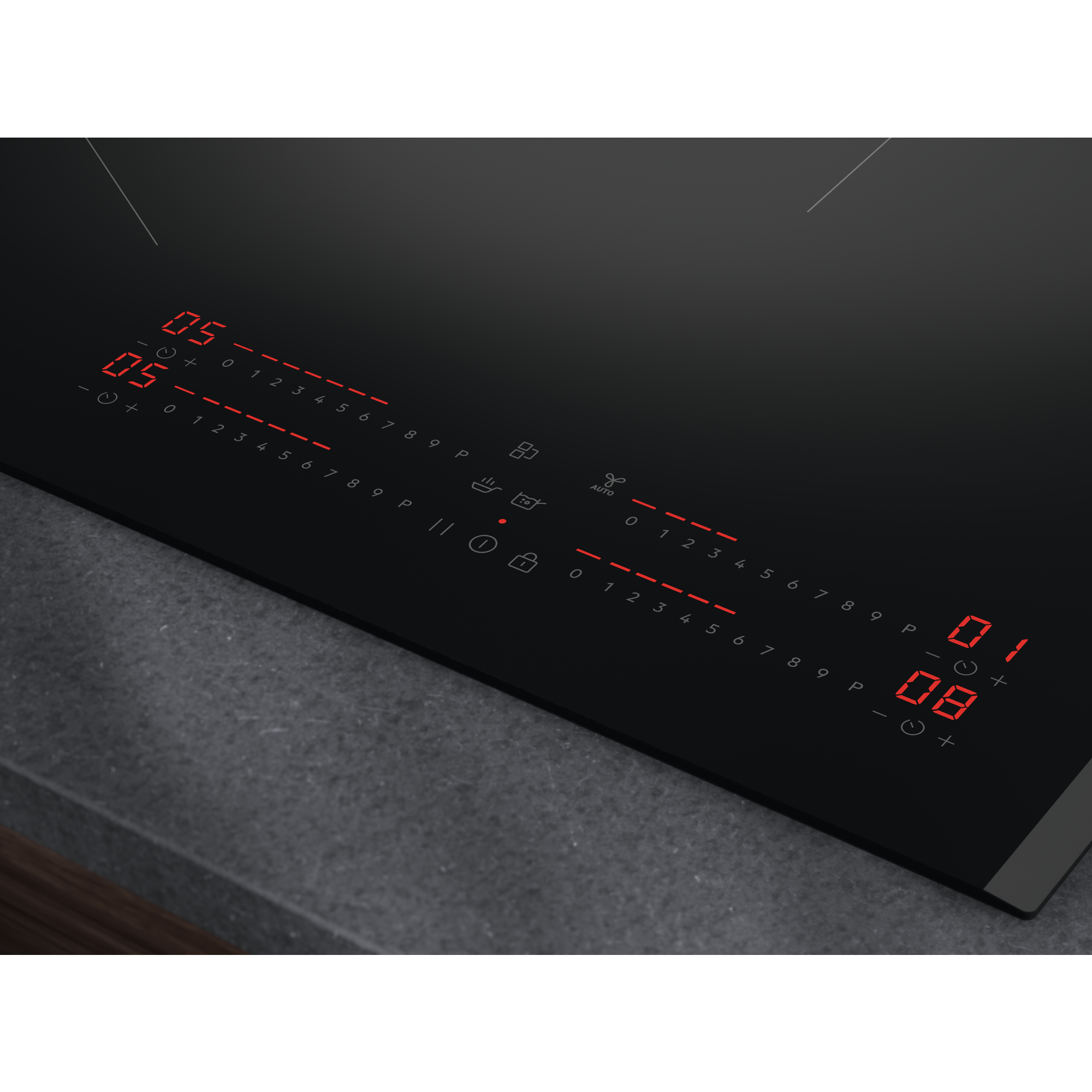 Una vista ravvicinata di un piano cottura a induzione nero con display digitali rossi e comandi touch, su una superficie scura.