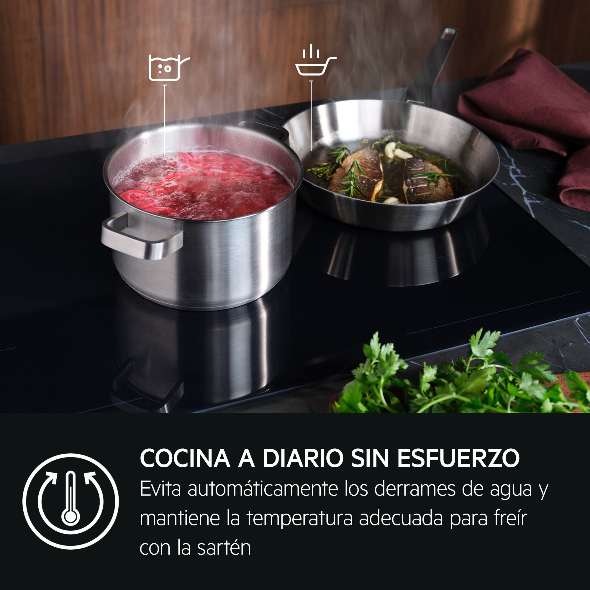 Scena di cucina con due pentole, testo in spagnolo sulla cucina facile e il controllo della temperatura per friggere.