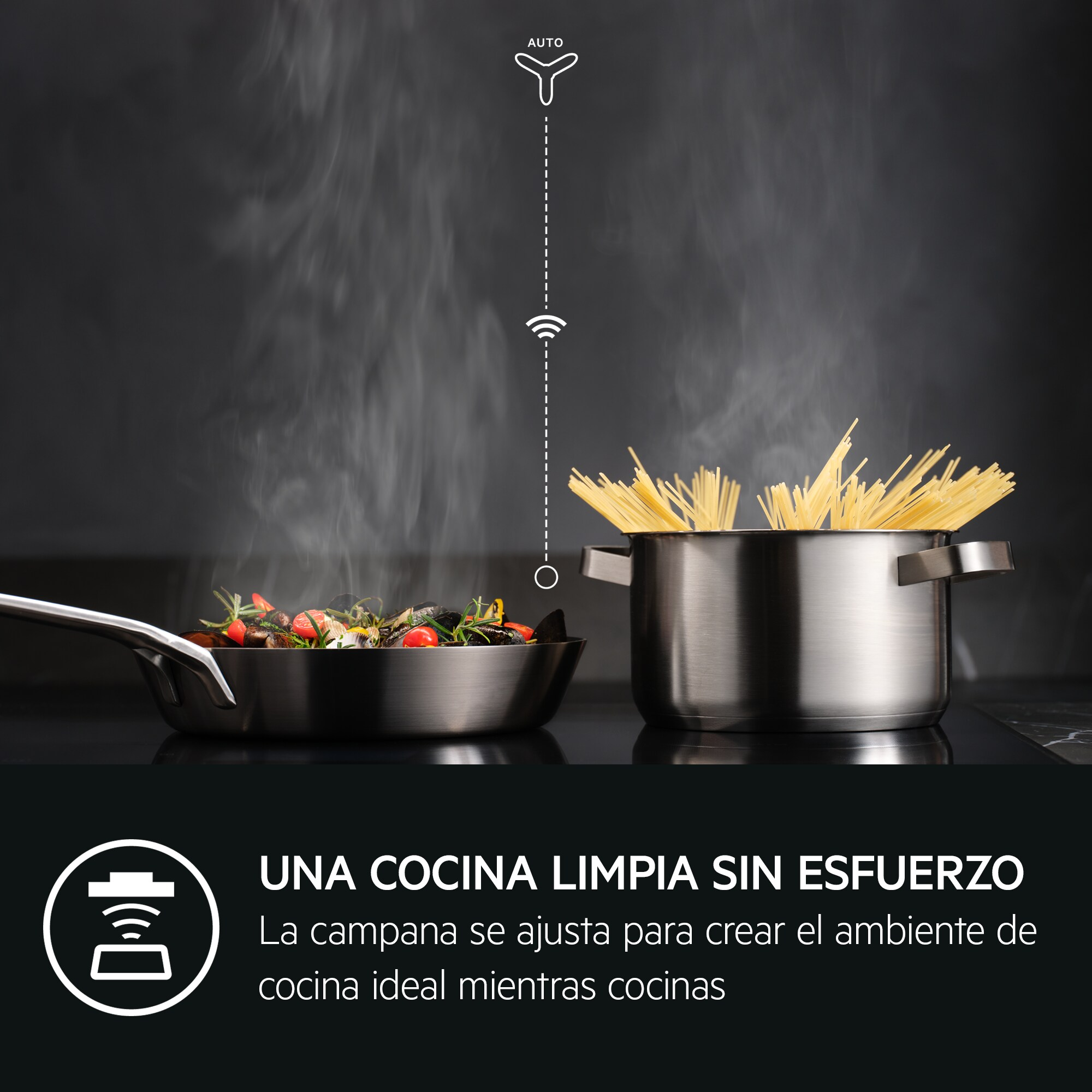 Scena di cucina con padella e pentola, testo in basso.