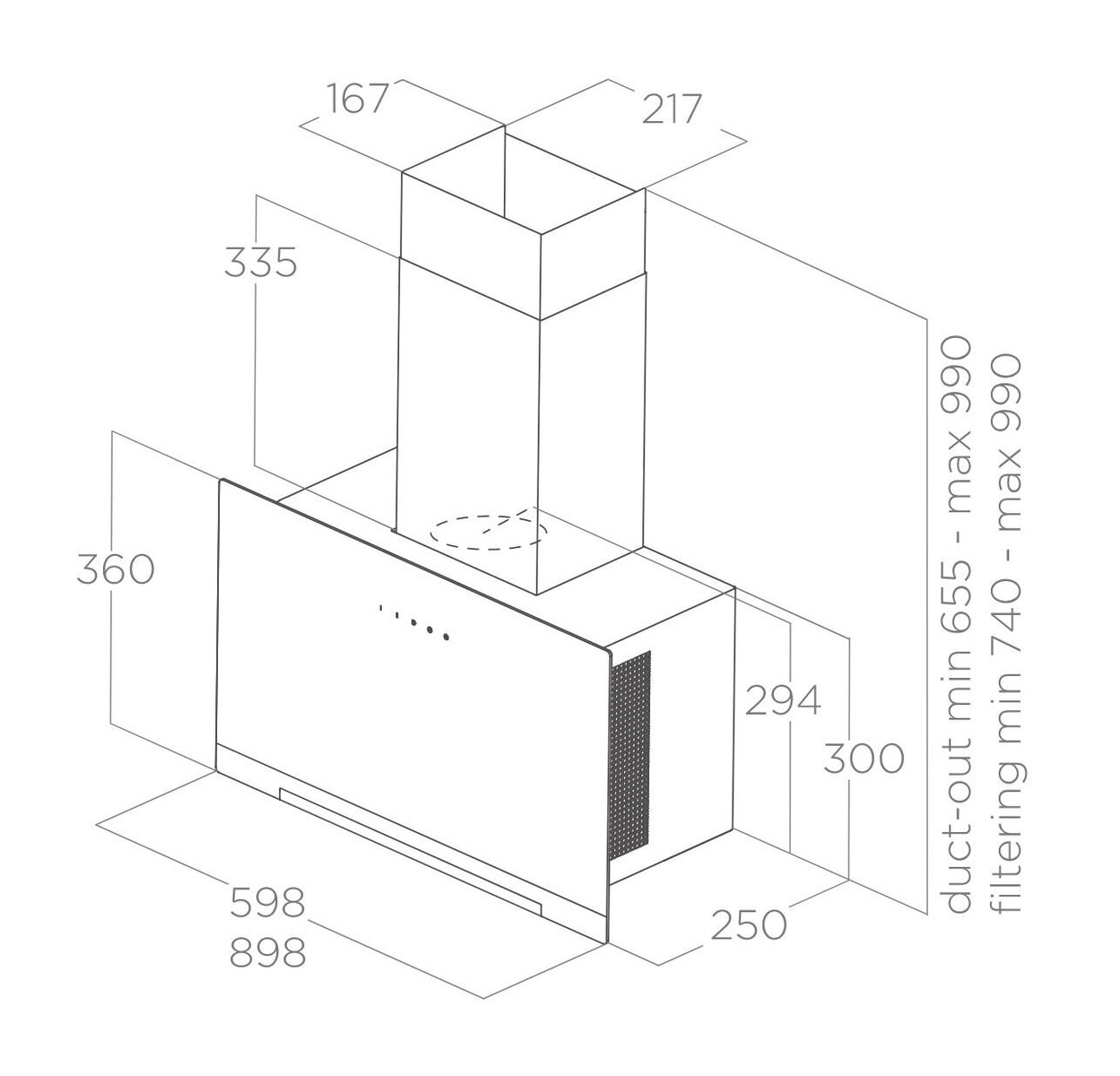 Diagrama de una campana extractora con dimensiones en mm. Muestra los rangos de altura de salida y filtrado.
