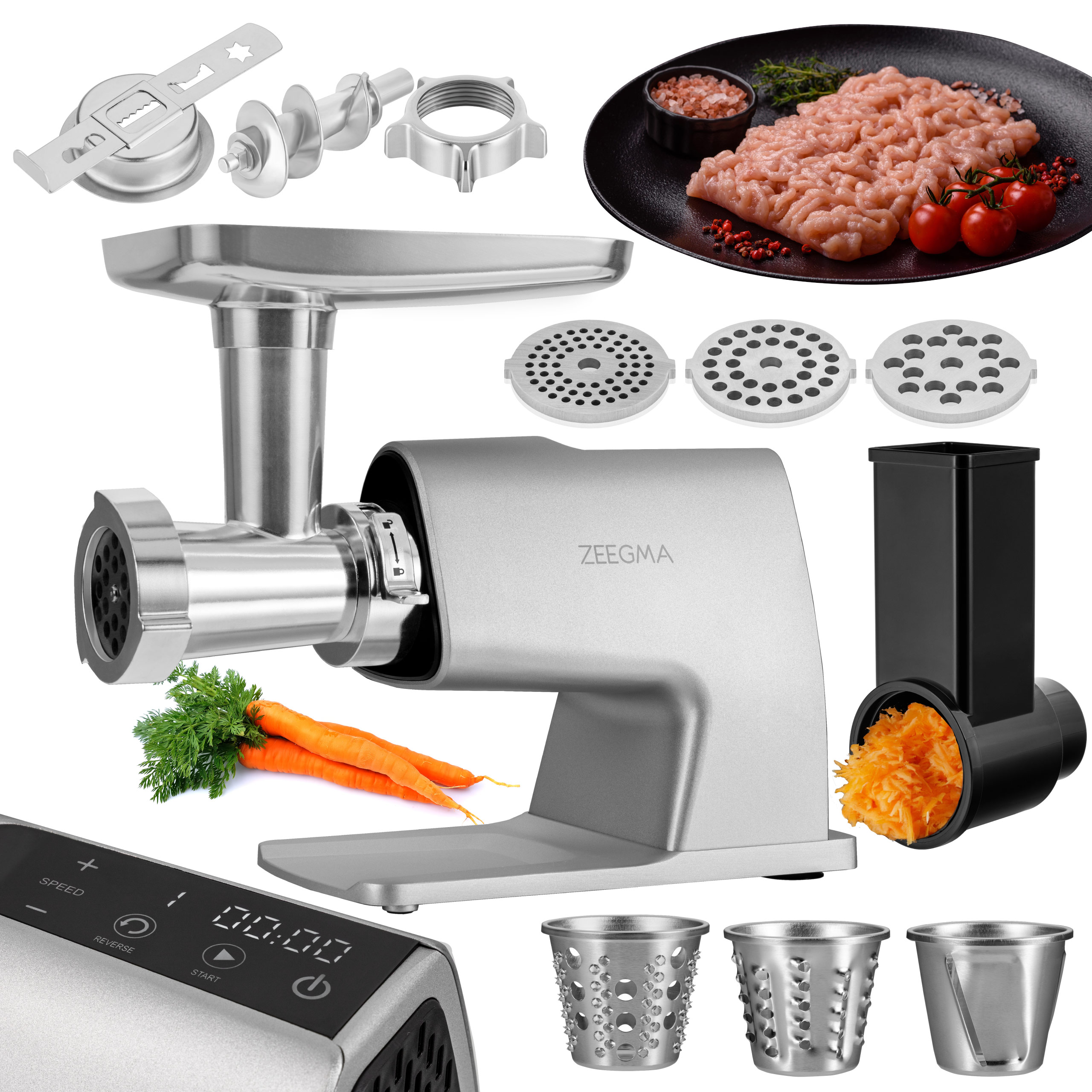 Maszynka do mięsa z elementami, mięsem mielonym i warzywami.