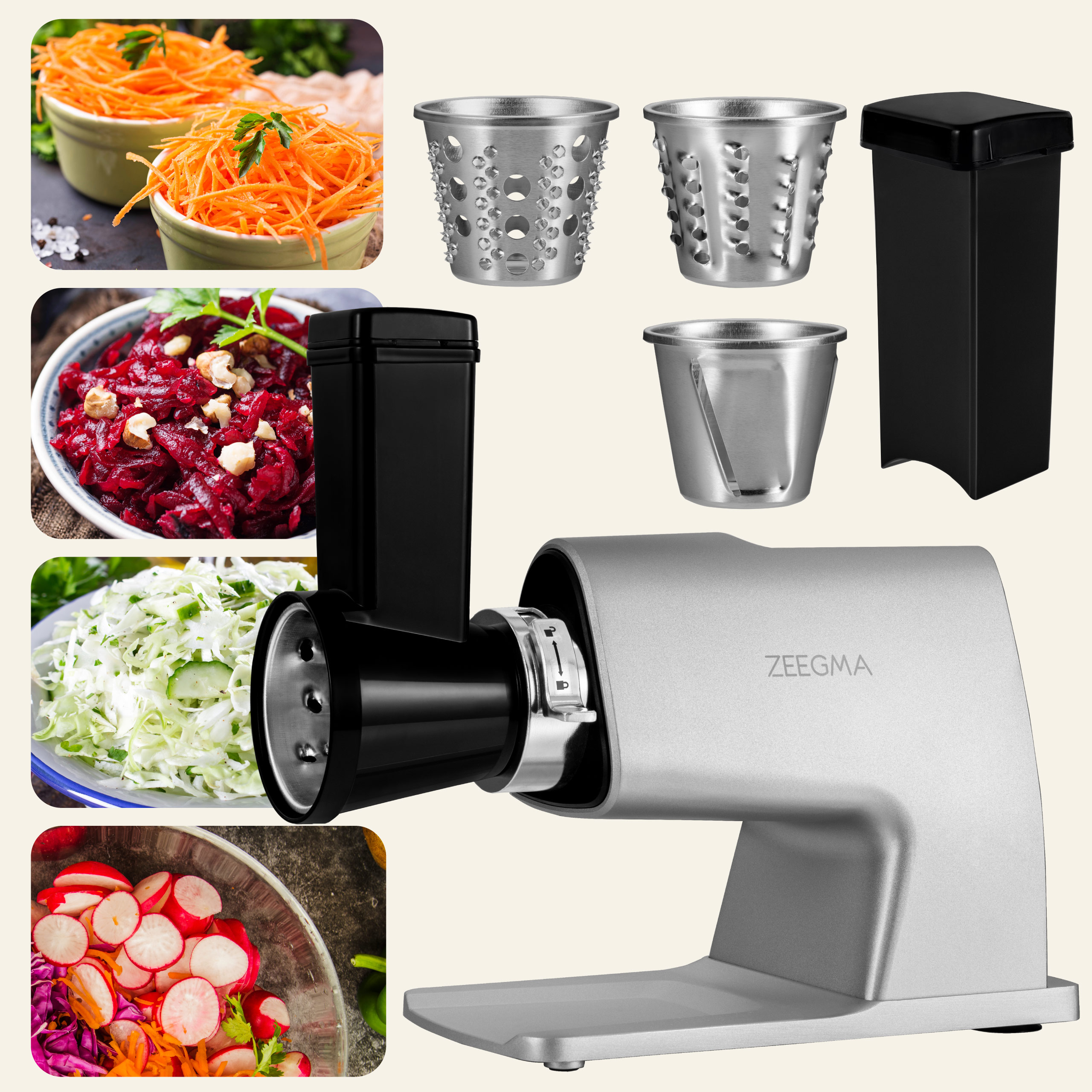 Robot kuchenny z miskami przygotowanego jedzenia: marchew, buraki z orzechami i kapusta.