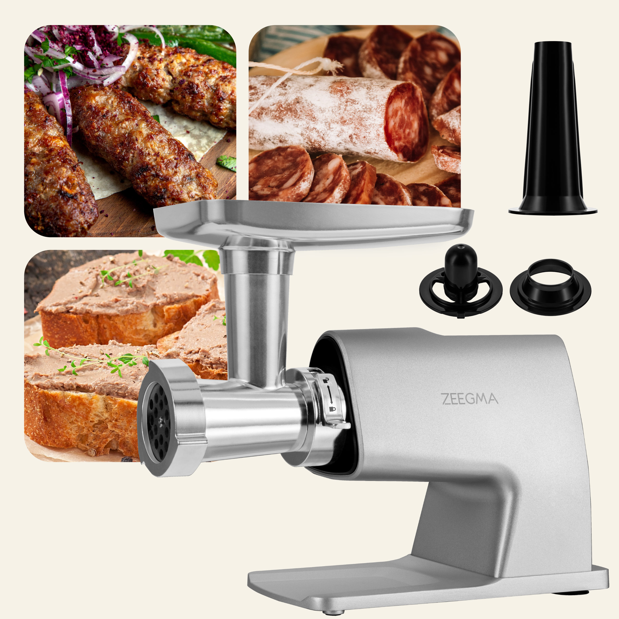 Srebrna maszynka do mięsa i komponenty. Pokazano produkty spożywcze takie jak kiełbasa, kebab i pasztet.