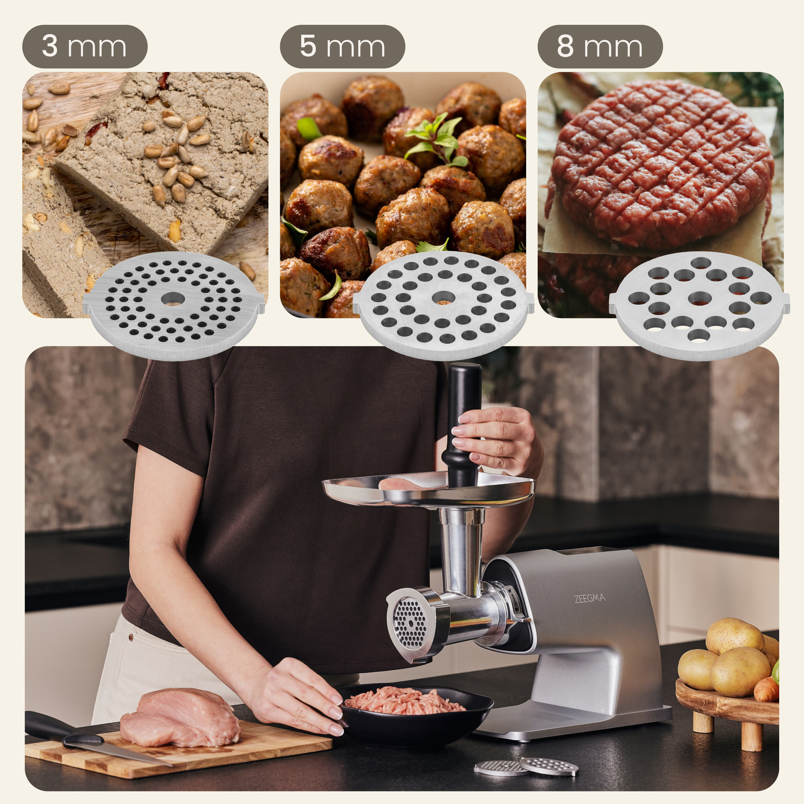 Maszynka do mielenia z trzema płytami mielącymi, mięsem i klopsikami. Pokazuje kobietę używającą maszyny z jedzeniem na stole.