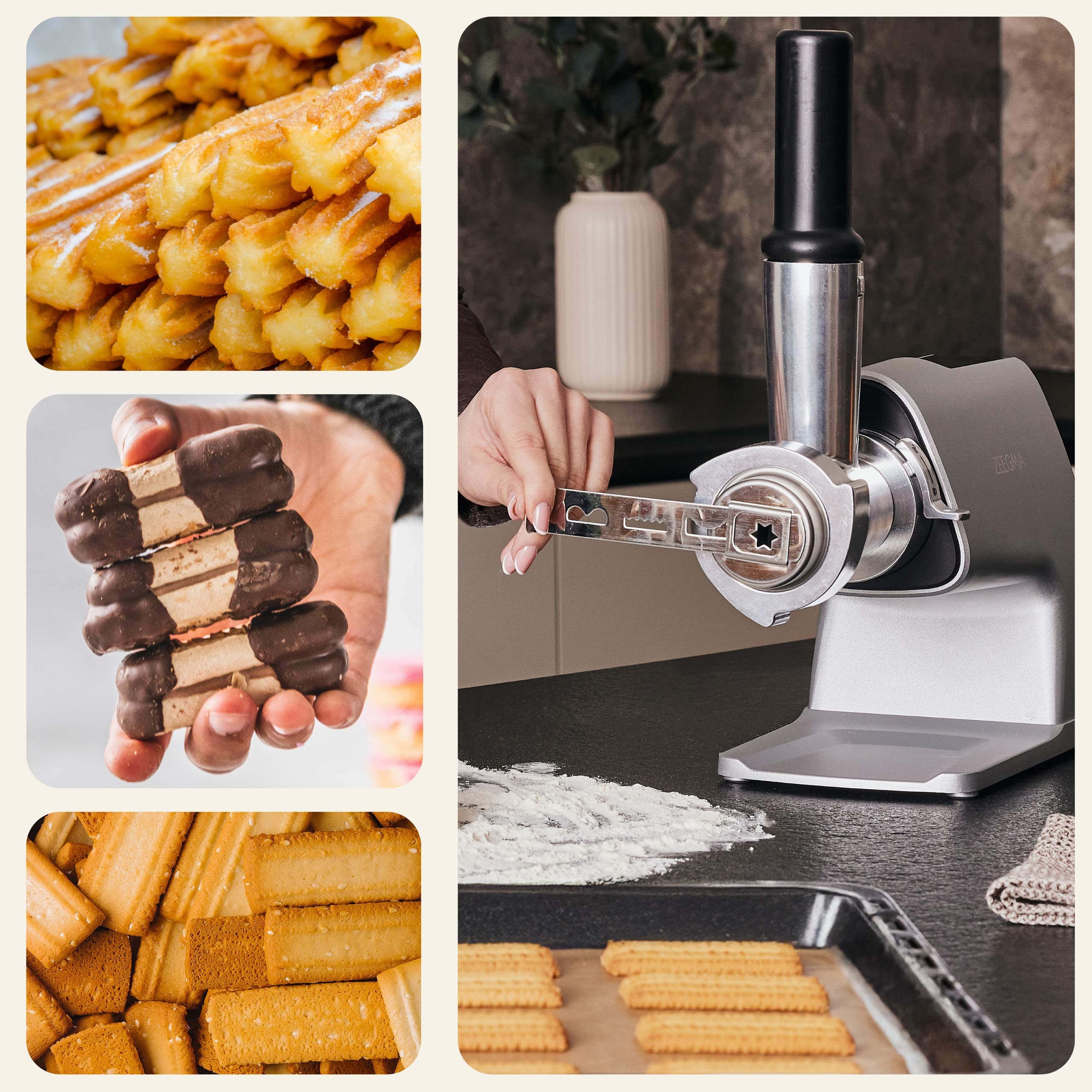 Eine Collage von Speisen: Churros, schokoladenüberzogene Kekse und rechteckige Shortbread-Kekse.