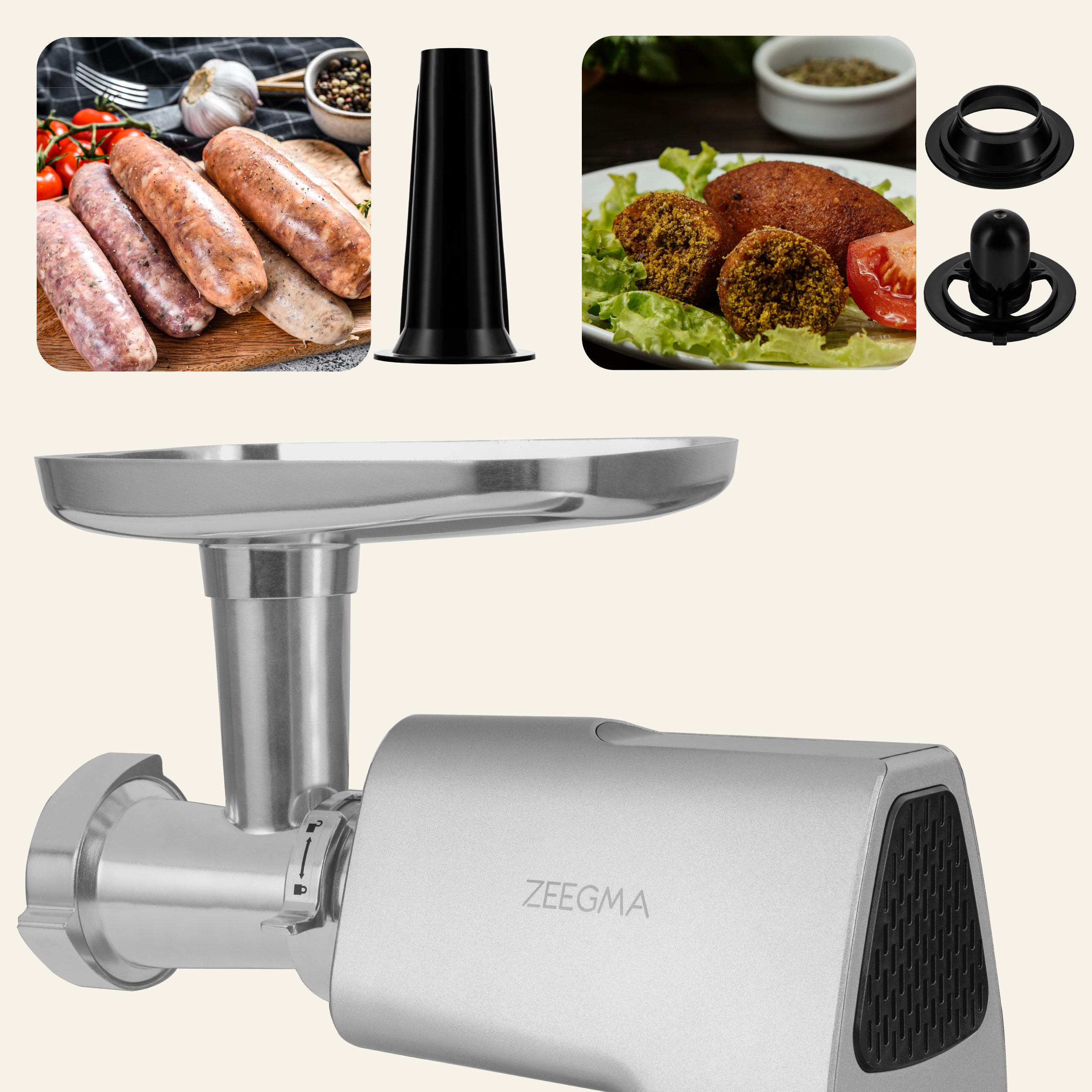 Maszynka do mięsa z kiełbasą, falafelem i akcesoriami do mielenia na kremowym tle.
