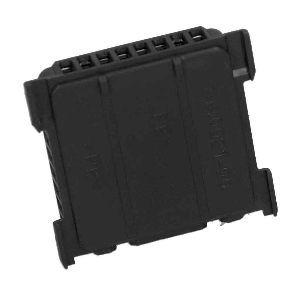 Schwarzes elektronisches Bauteil mit mehreren Pins und rechteckiger Form. PP und andere Markierungen sichtbar.