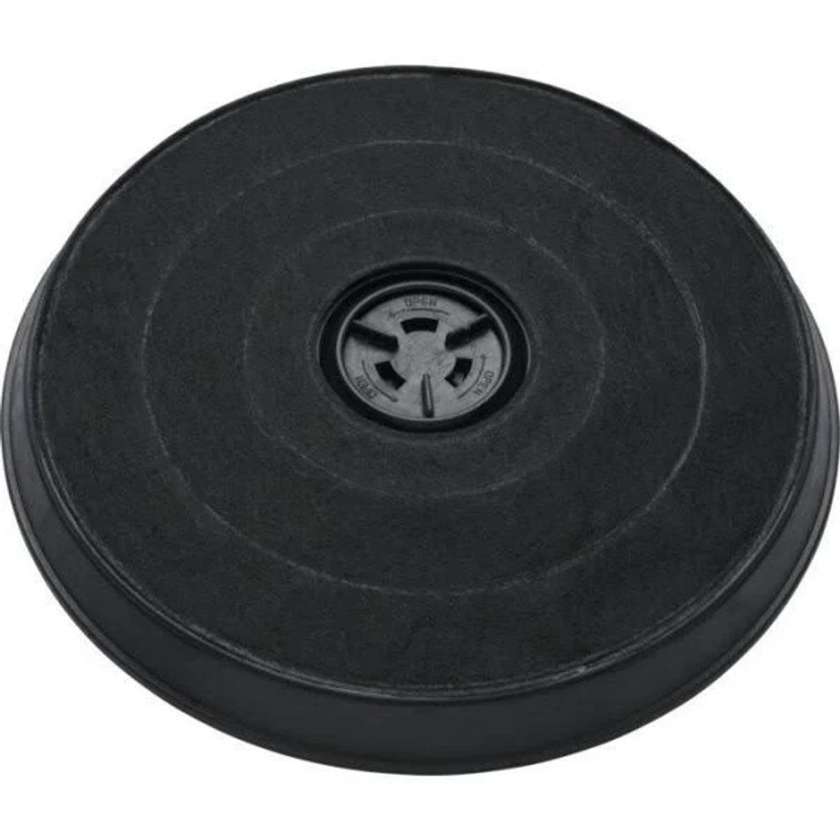 Un filtro de carbón negro redondo para un electrodoméstico de cocina. Vista de cerca.