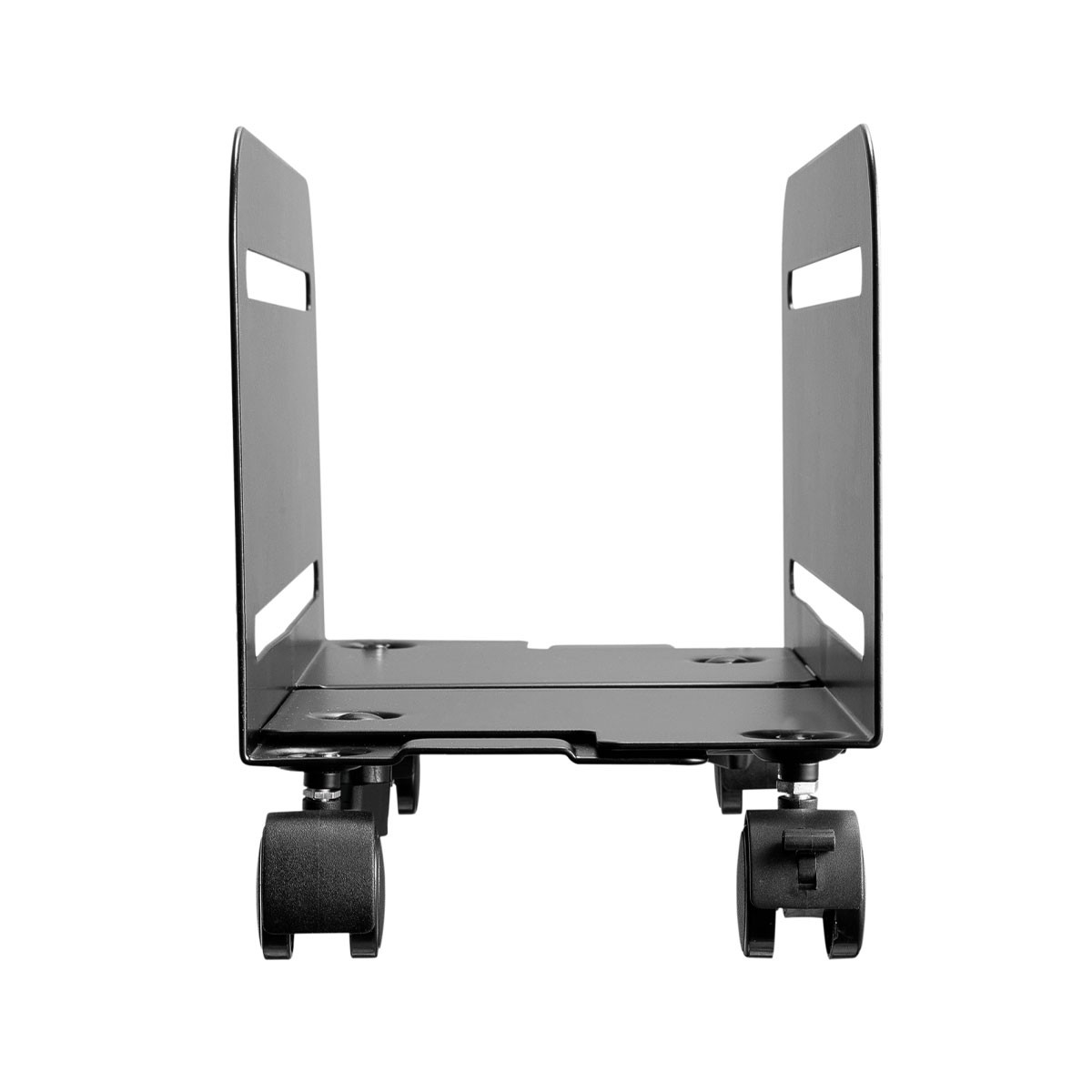 Supporto per computer nero con ruote. È un design a telaio aperto. Isolato su sfondo bianco.