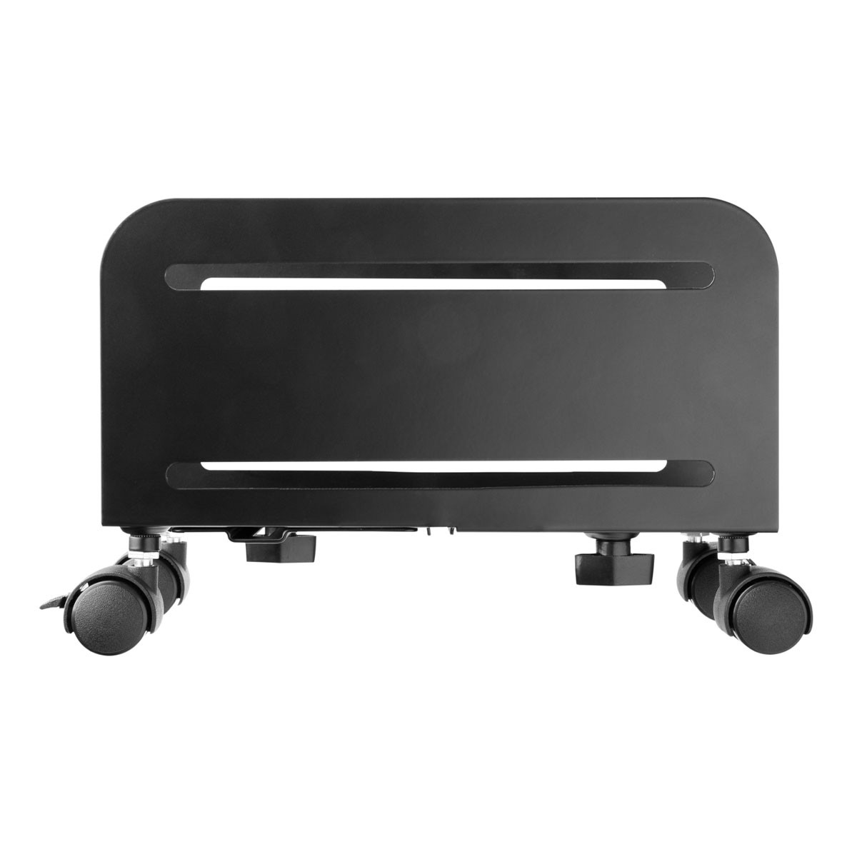 Supporto per computer nero con ruote. Telaio rettangolare con aperture per il flusso d'aria.