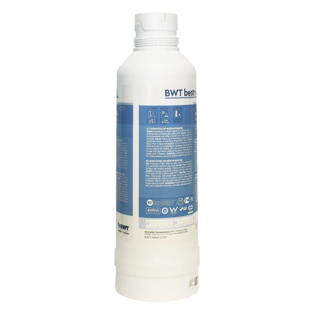 BWT Wasserfilterflasche, weiß mit blauem Text und Details, Produktinformationen.