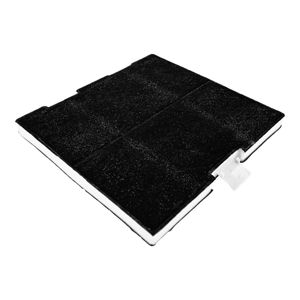 Un filtro dell'aria rettangolare nero con un bordo bianco, che mostra il materiale filtrante.