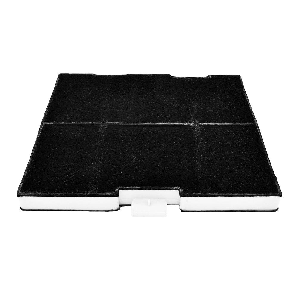 Filtro nero per un purificatore d'aria. È rettangolare con una cornice bianca e una maniglia.