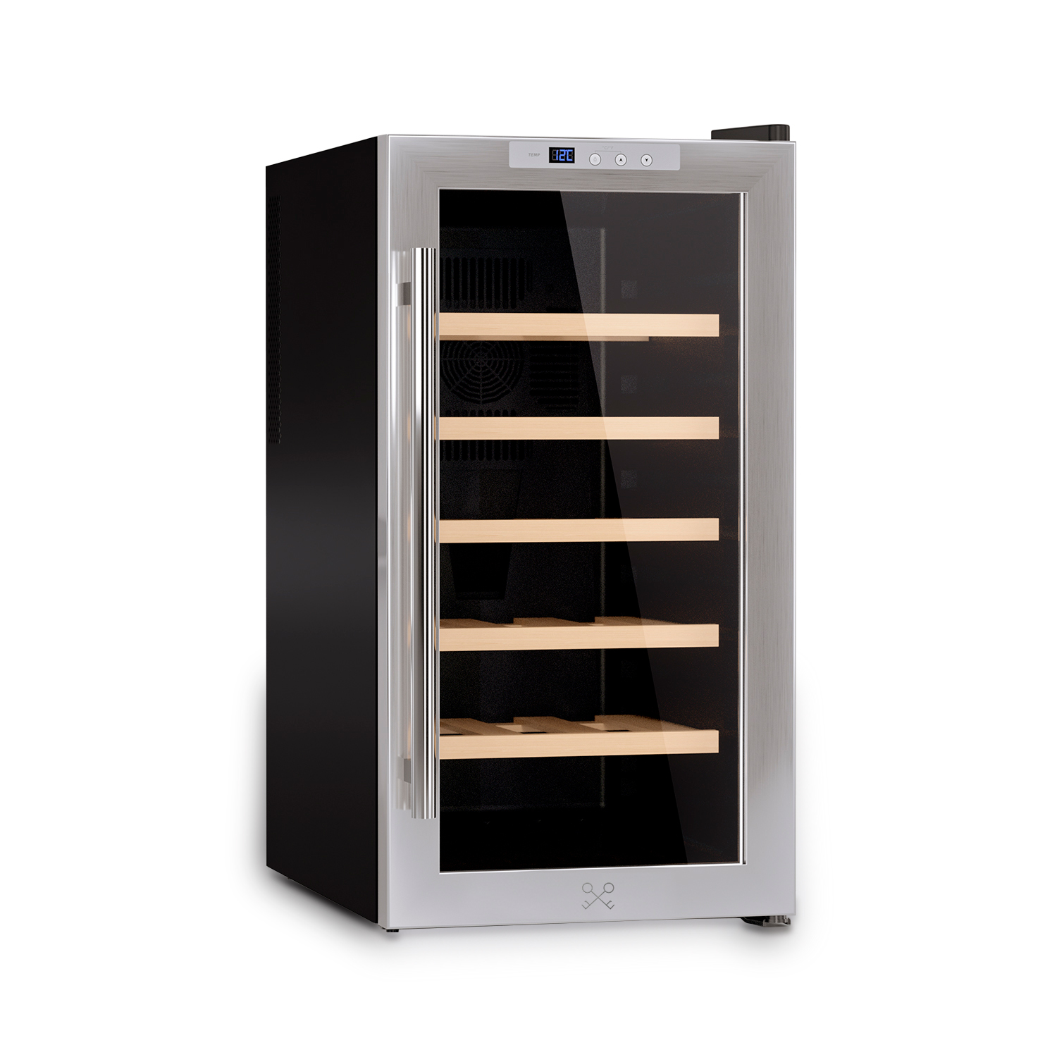 Mini-Weinkühler mit Glastür, Edelstahlverkleidung und Holzregalen.
