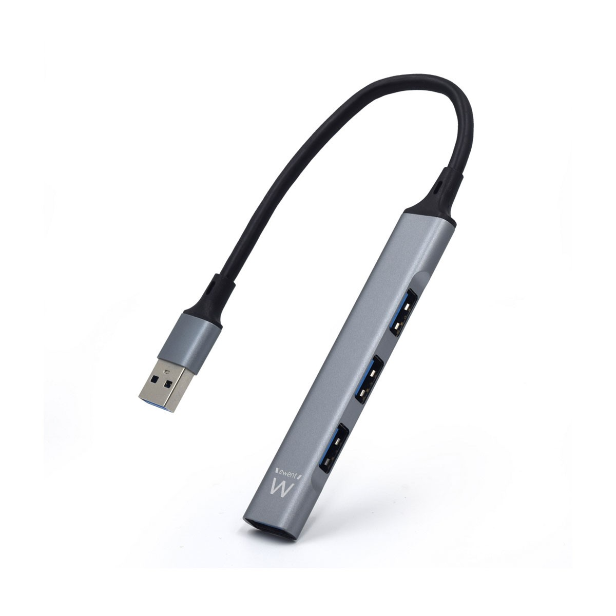 Hub USB grigio con 4 porte e un connettore USB su sfondo bianco.