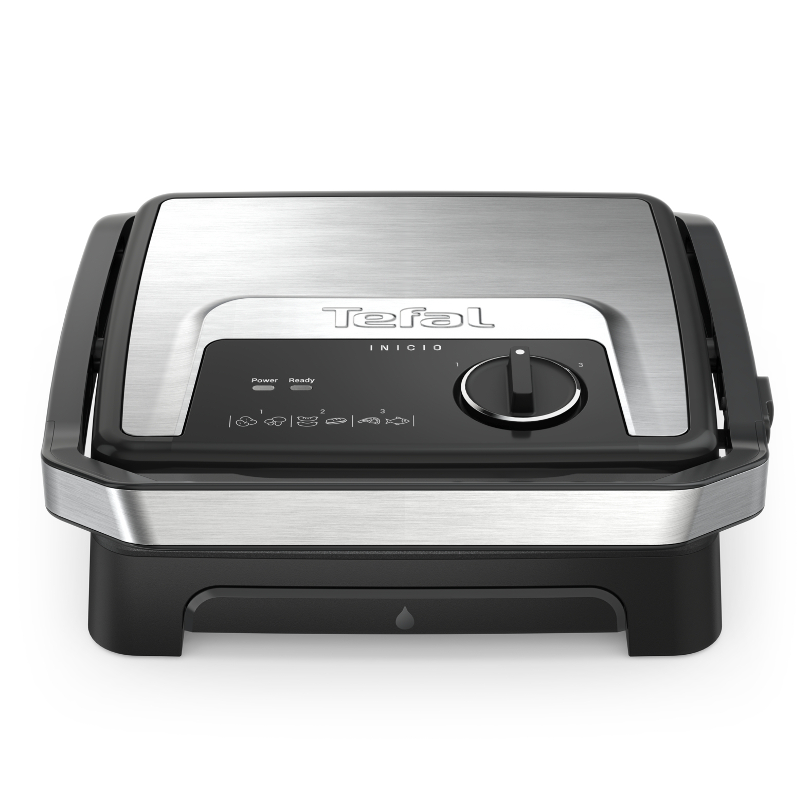 Ein schwarzer und silberner Tefal Inicio Grill mit Drehregler und Kontrollleuchten.
