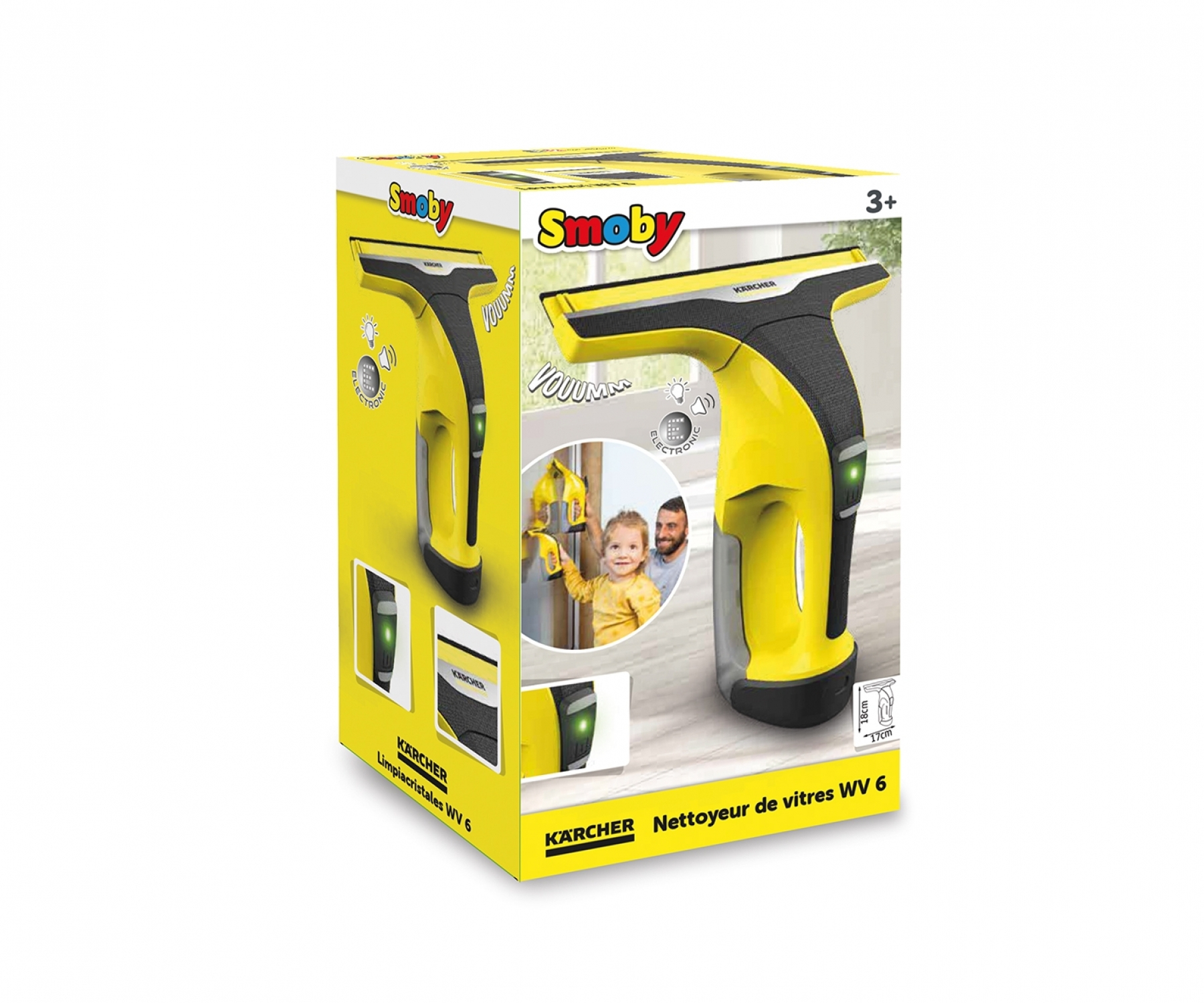 Żółto-czarny środek do czyszczenia okien Karcher w pudełku. Widoczne jest dziecko i osoba dorosła.