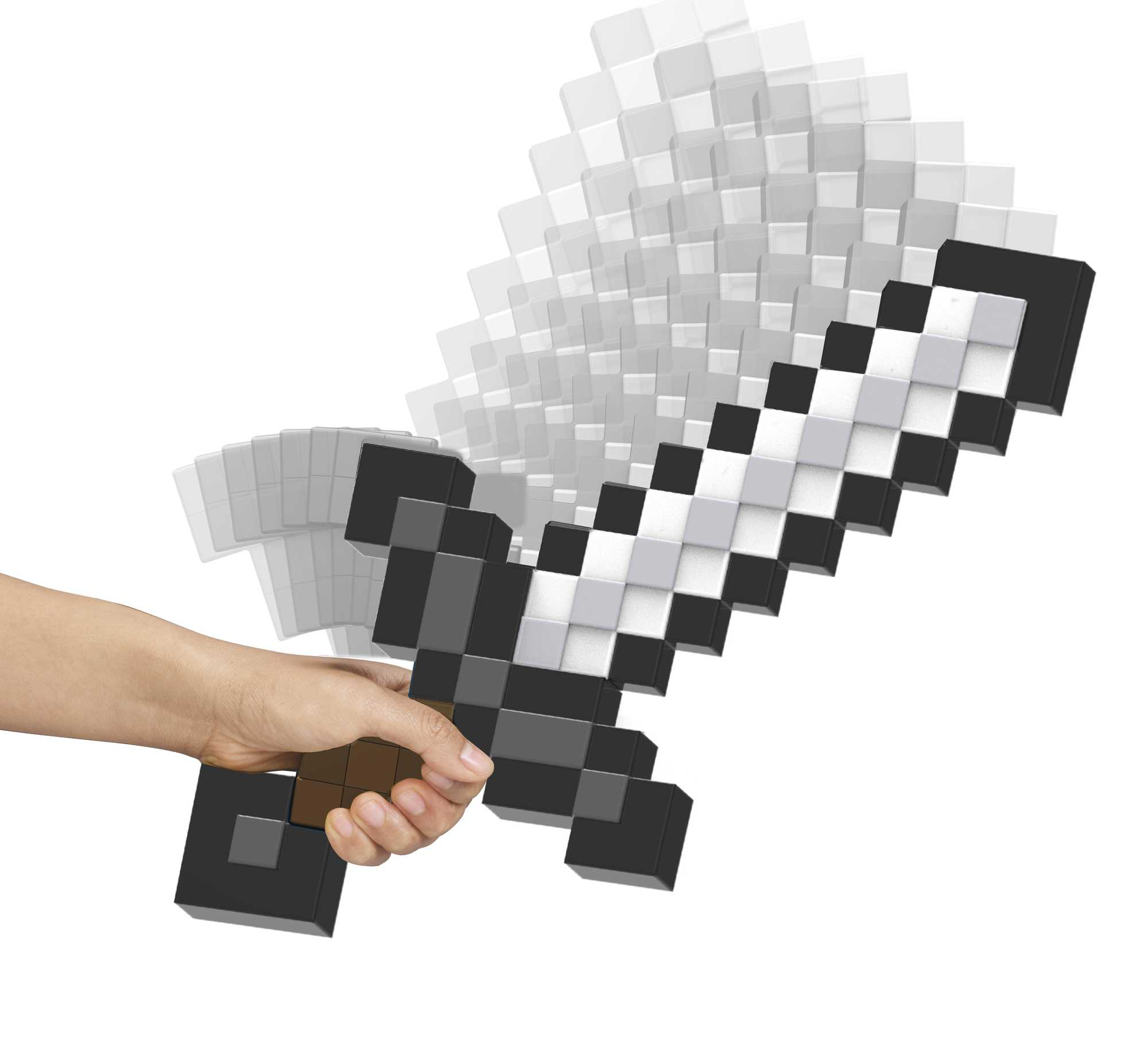 Ein pixeliges Schwertspielzeug wird in einer Hand gehalten.