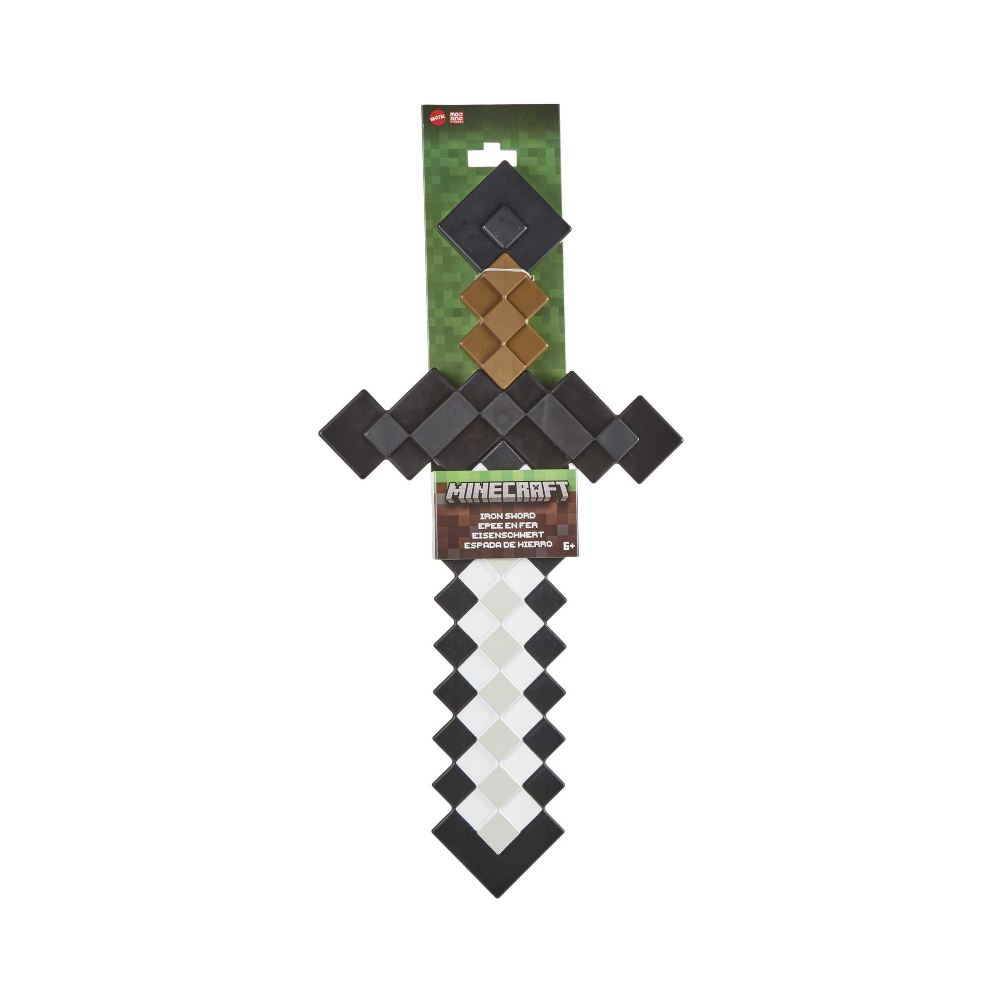 Minecraft-Spielzeugschwert. Aus schwarzen, braunen und grauen Blöcken. Das Schwert hat einen Griff.