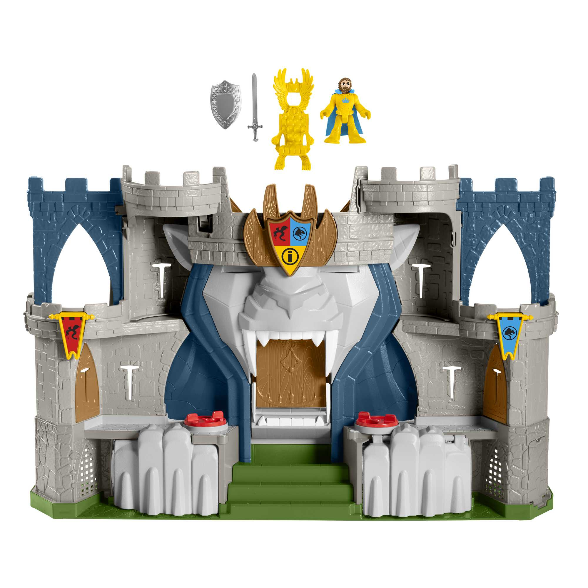 Spielzeug-Burg-Set mit Burg, Figuren, Schild und Schwert.