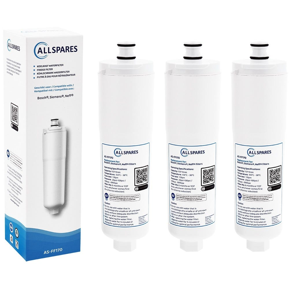 Drei weiße Wasserfilter, mit einer Box, alle mit "ALLSPARES" gekennzeichnet.