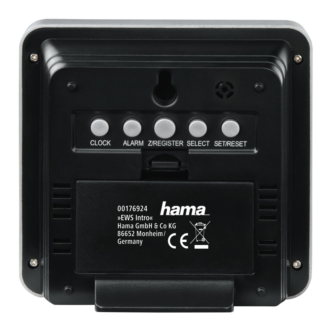 Achterkant van een weerstation met knoppen voor Klok, Alarm, Z/Register, Selecteren en Instellen/Resetten. Met een batterijvak.