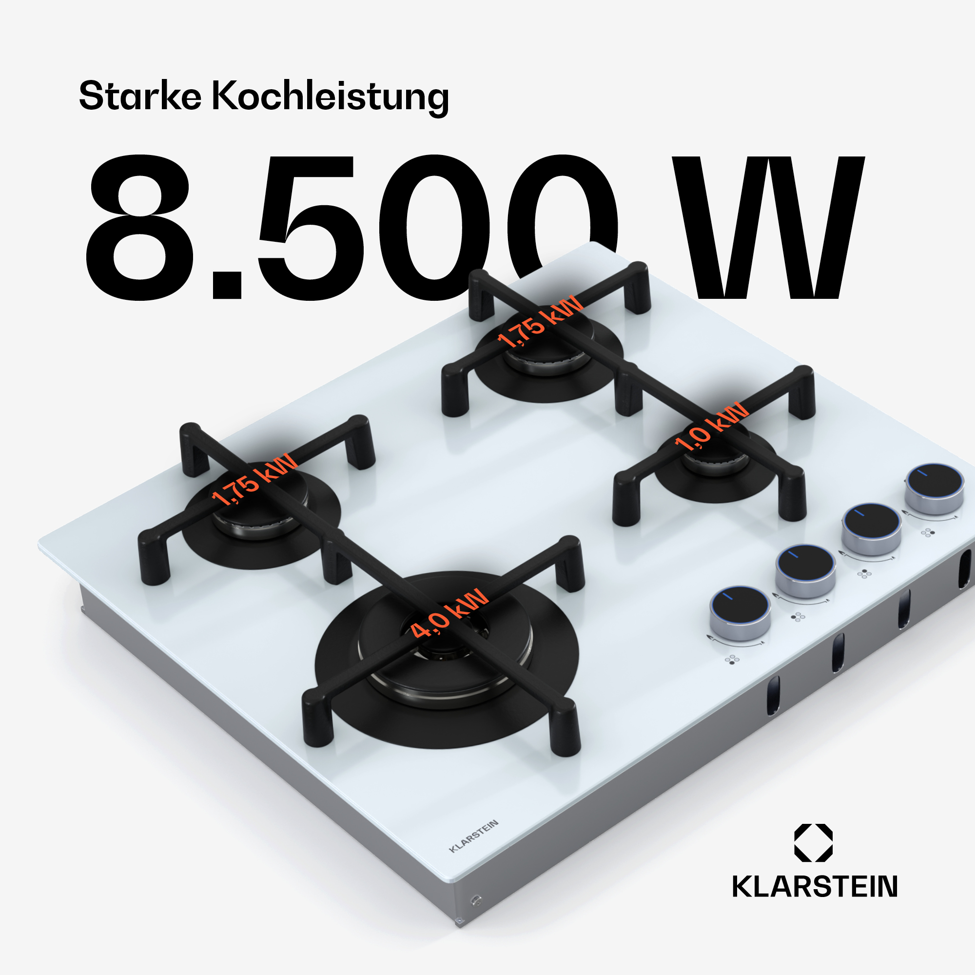 Weißer Gasherd mit vier Brennern, schwarzen Knöpfen und Leistungsangaben in kW.