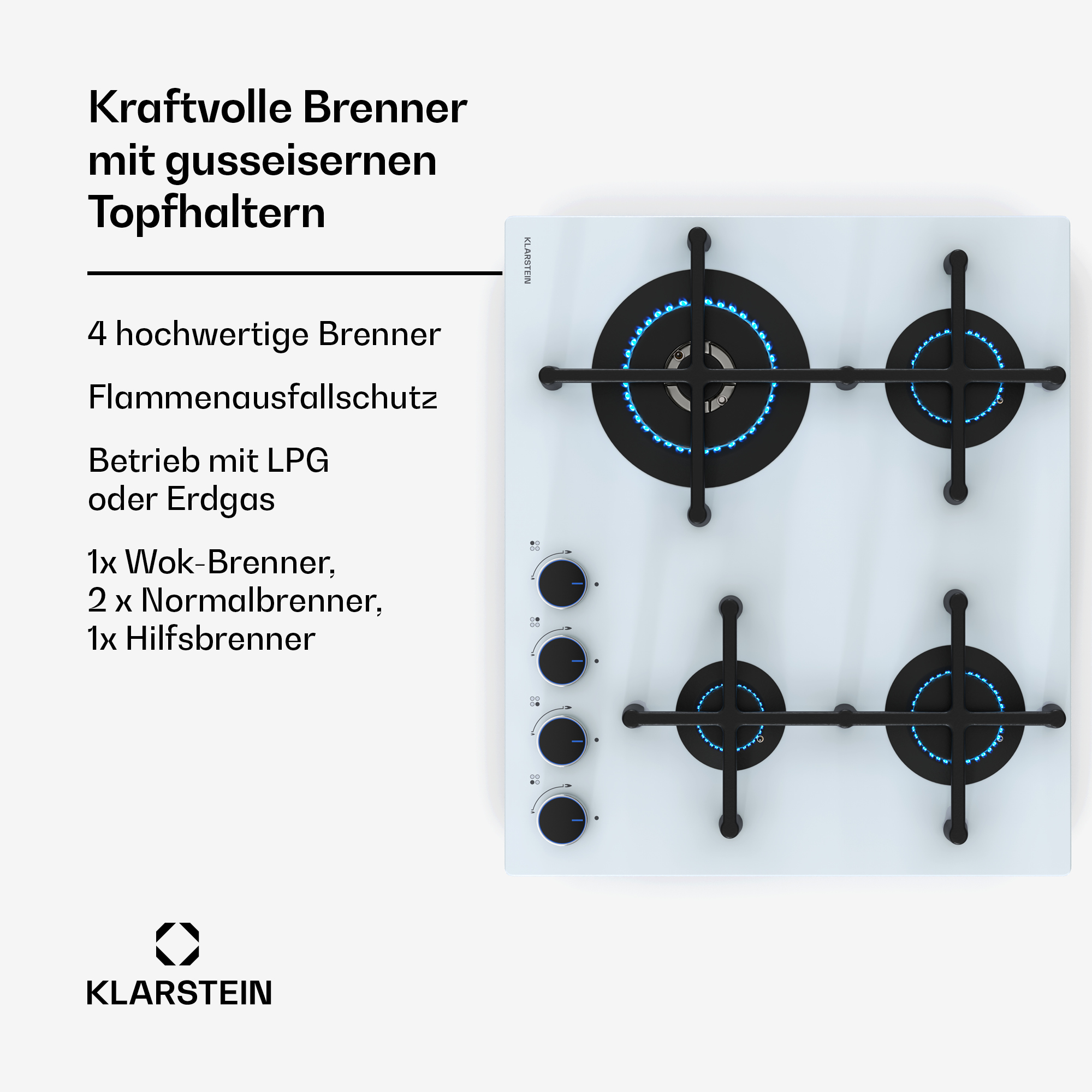 Weißes Gas-Kochfeld mit vier schwarzen Brennern. Knöpfe und Klarstein-Logo auf der Oberfläche.