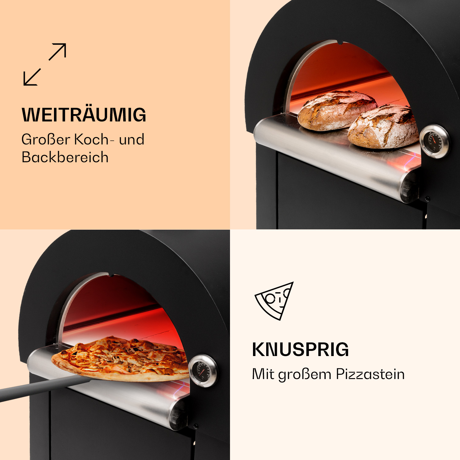 Schwarzer Ofen mit Brot. Pizza wird entfernt. Text kennzeichnet Merkmale und Pizza-Stein.