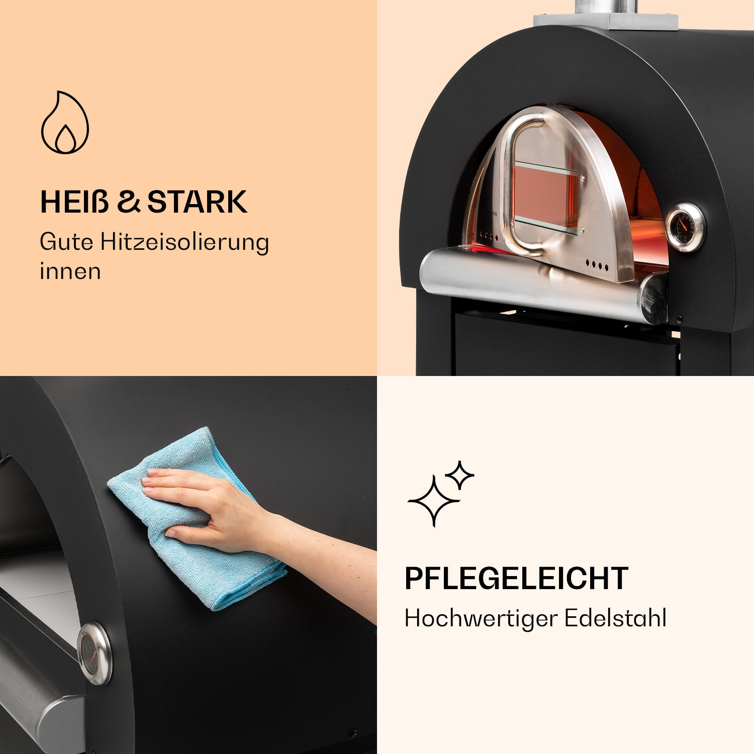Schwarzer Pizzaofen für draußen mit Edelstahltür und dem Text 'HEIB & STARK' auf Pfirsichgrund.