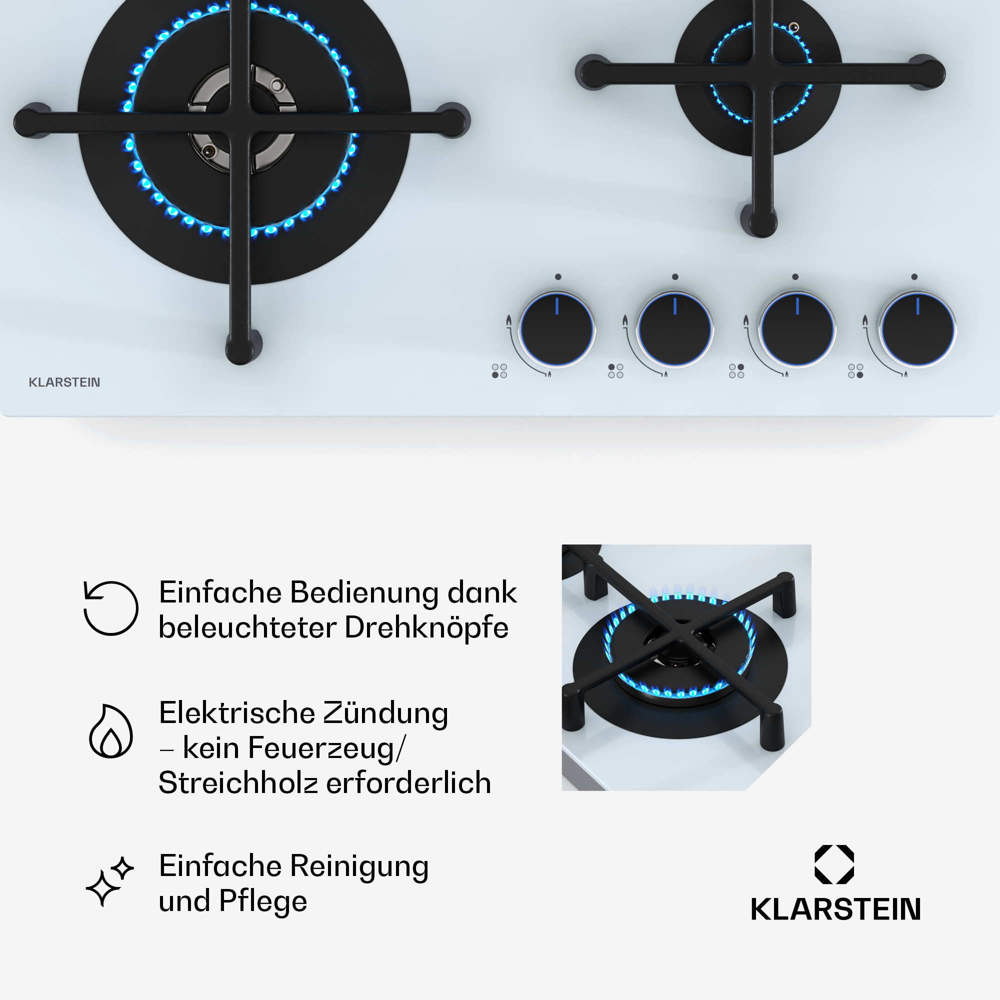 Nahaufnahme eines weißen Gasherds mit schwarzen Knöpfen. Blaue Flammen sind zu sehen.