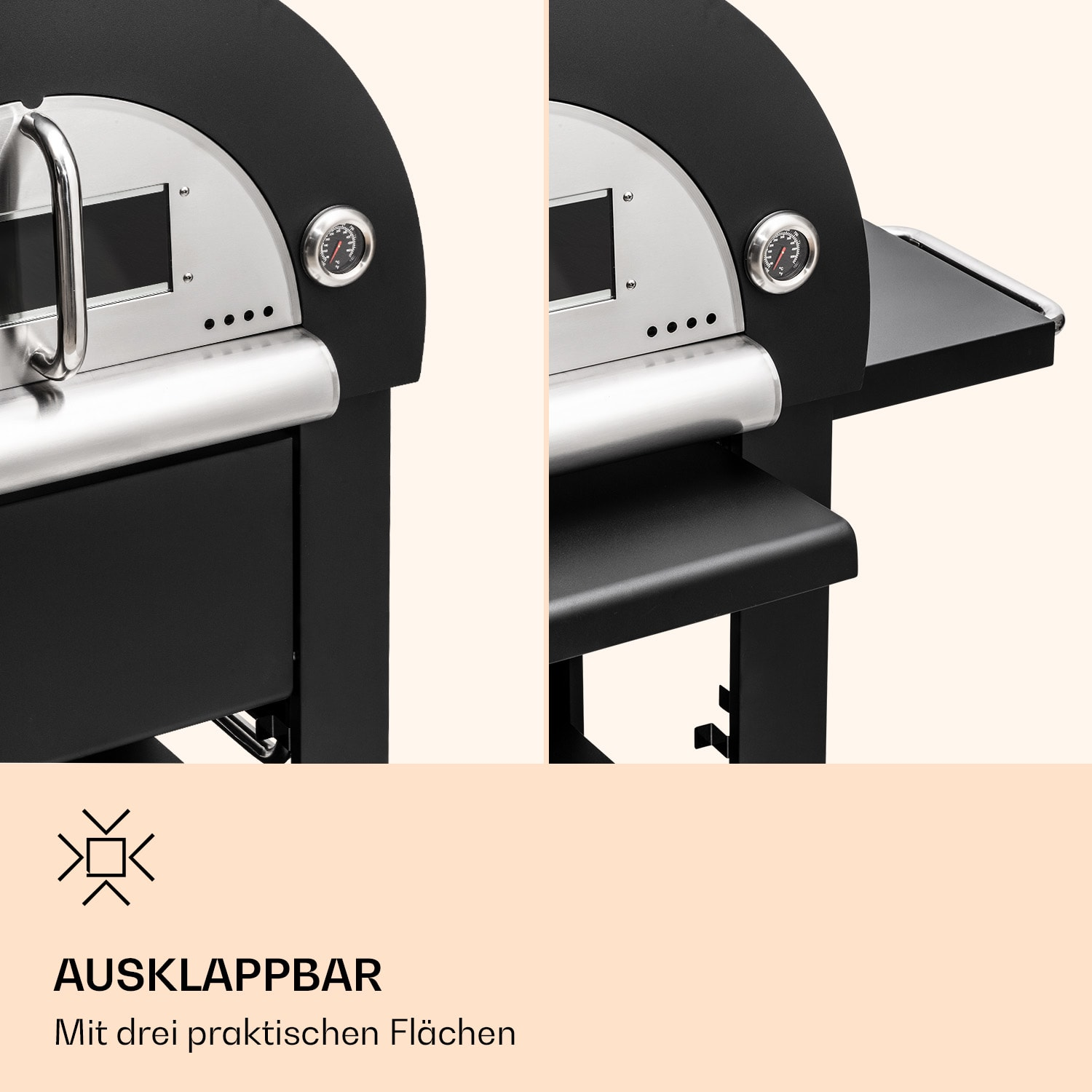 Nahaufnahme eines schwarzen Grills mit gewölbtem Oberteil, Thermometer und kleinem Regal.
