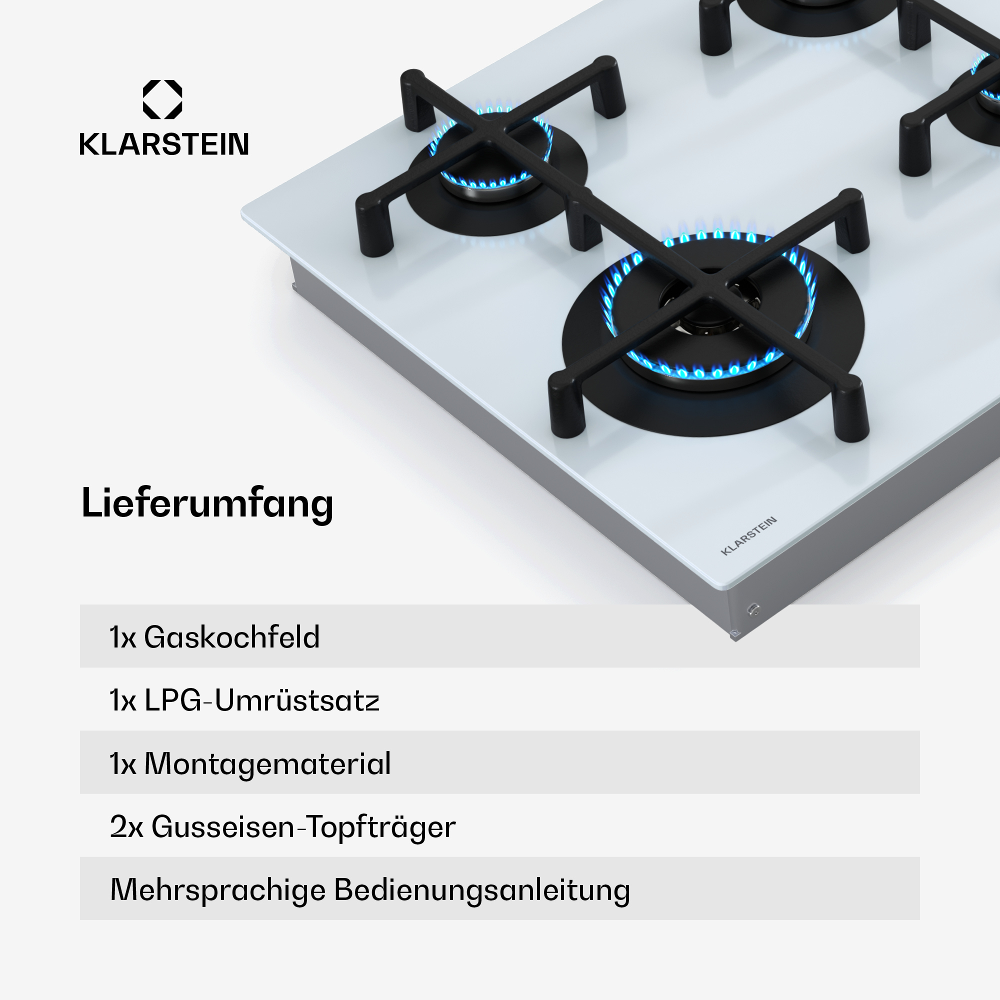 Gaskochfeld mit vier Brennern und Text: "Lieferumfang" und eine Liste der enthaltenen Teile.