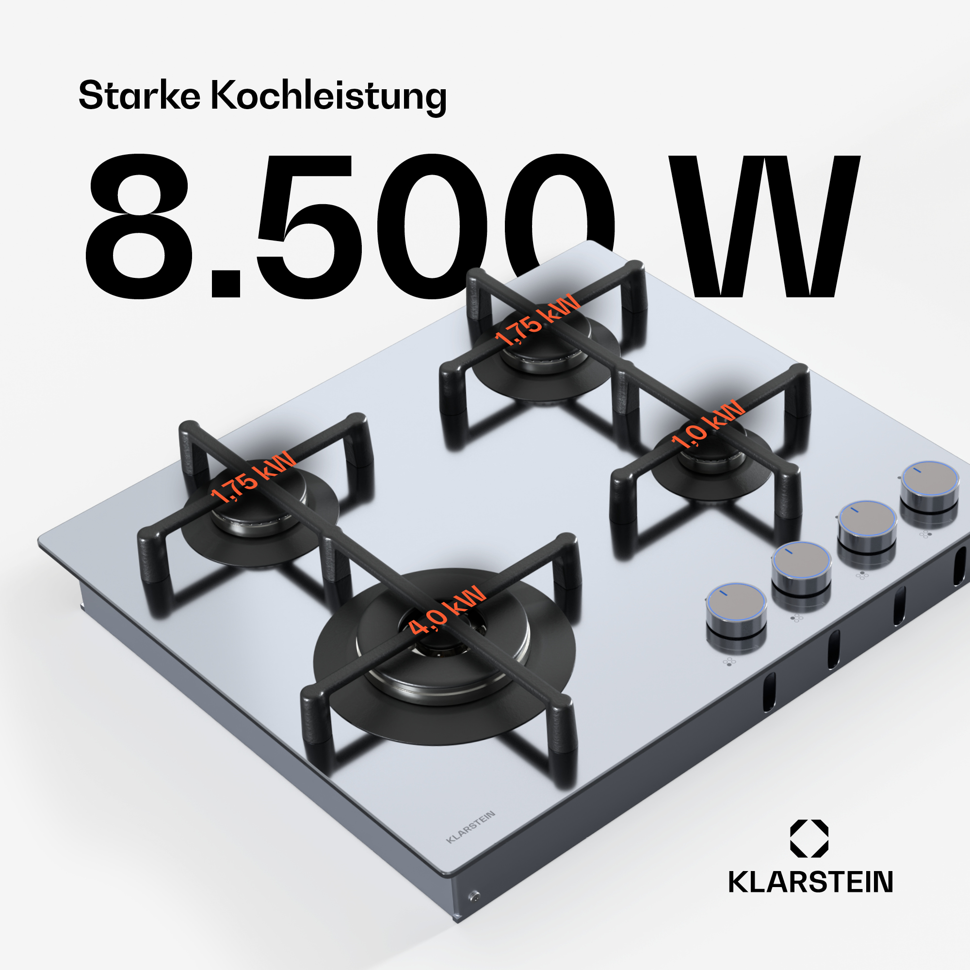 Ein Kochfeld aus Edelstahl mit vier Brennern und Bedienknöpfen, mit einer Gesamtleistung von 8500W.