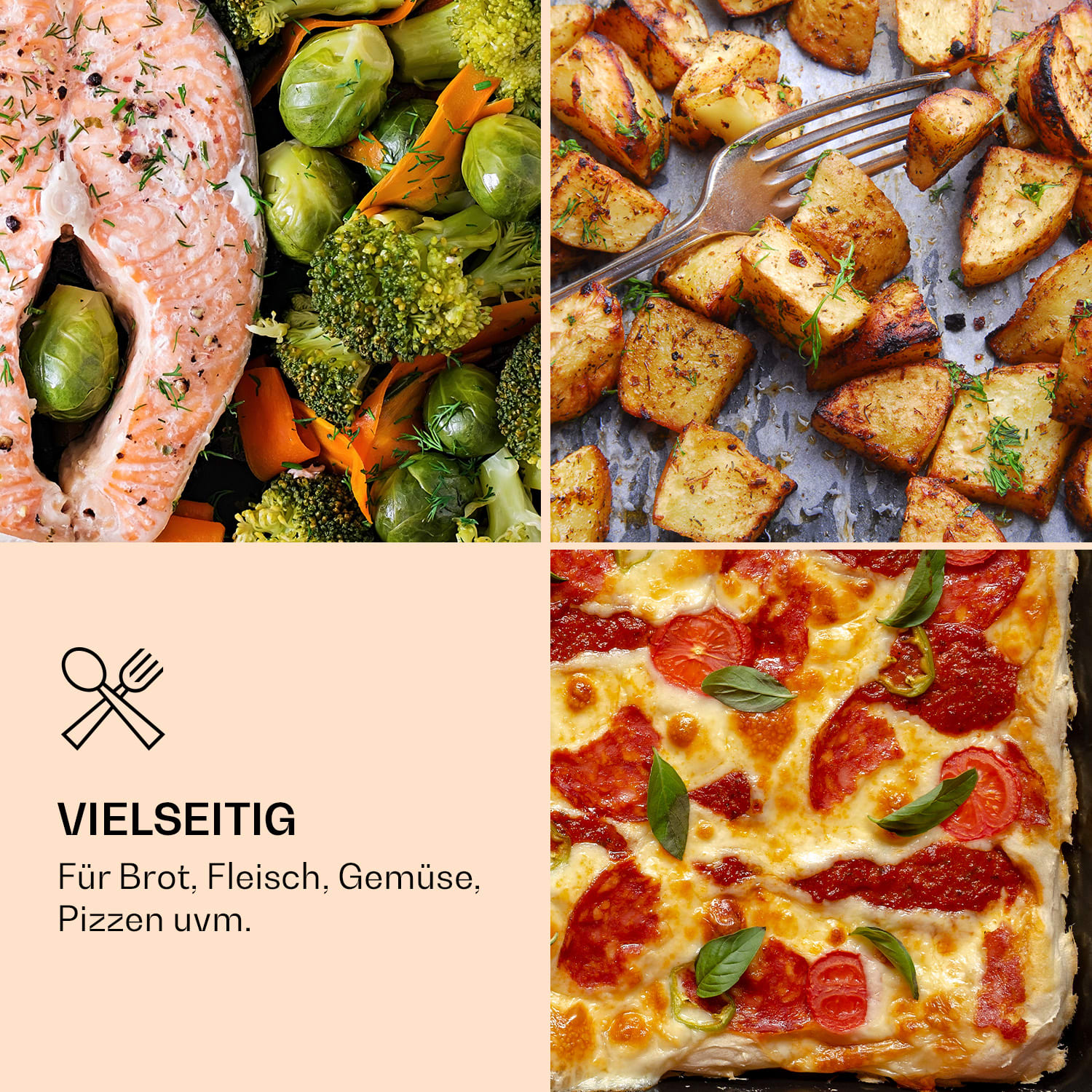Eine Collage von Lebensmitteln wie Lachs, Kartoffeln, Gemüse und Pizza.
