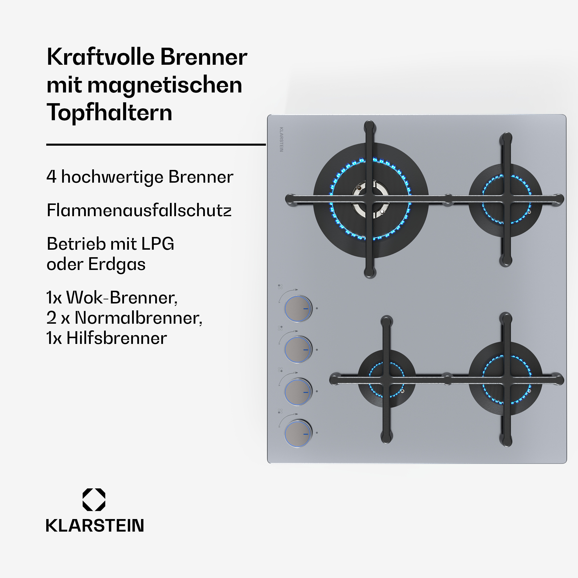 Gasherd mit vier Brennern und Text über Funktionen.