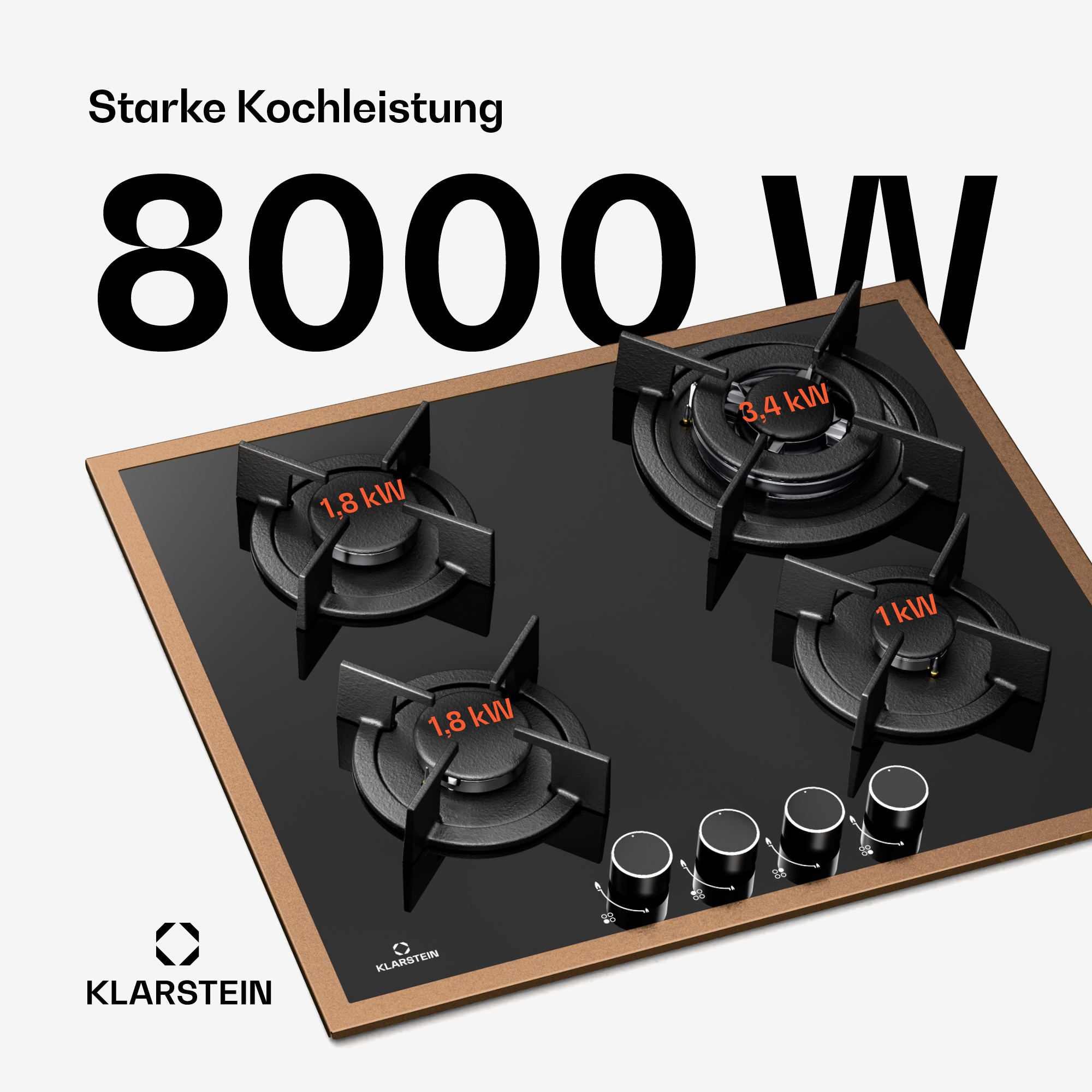 Schwarzes Kochfeld mit 4 Kochfeldern, Text sagt 8000W und Klarstein Logo.