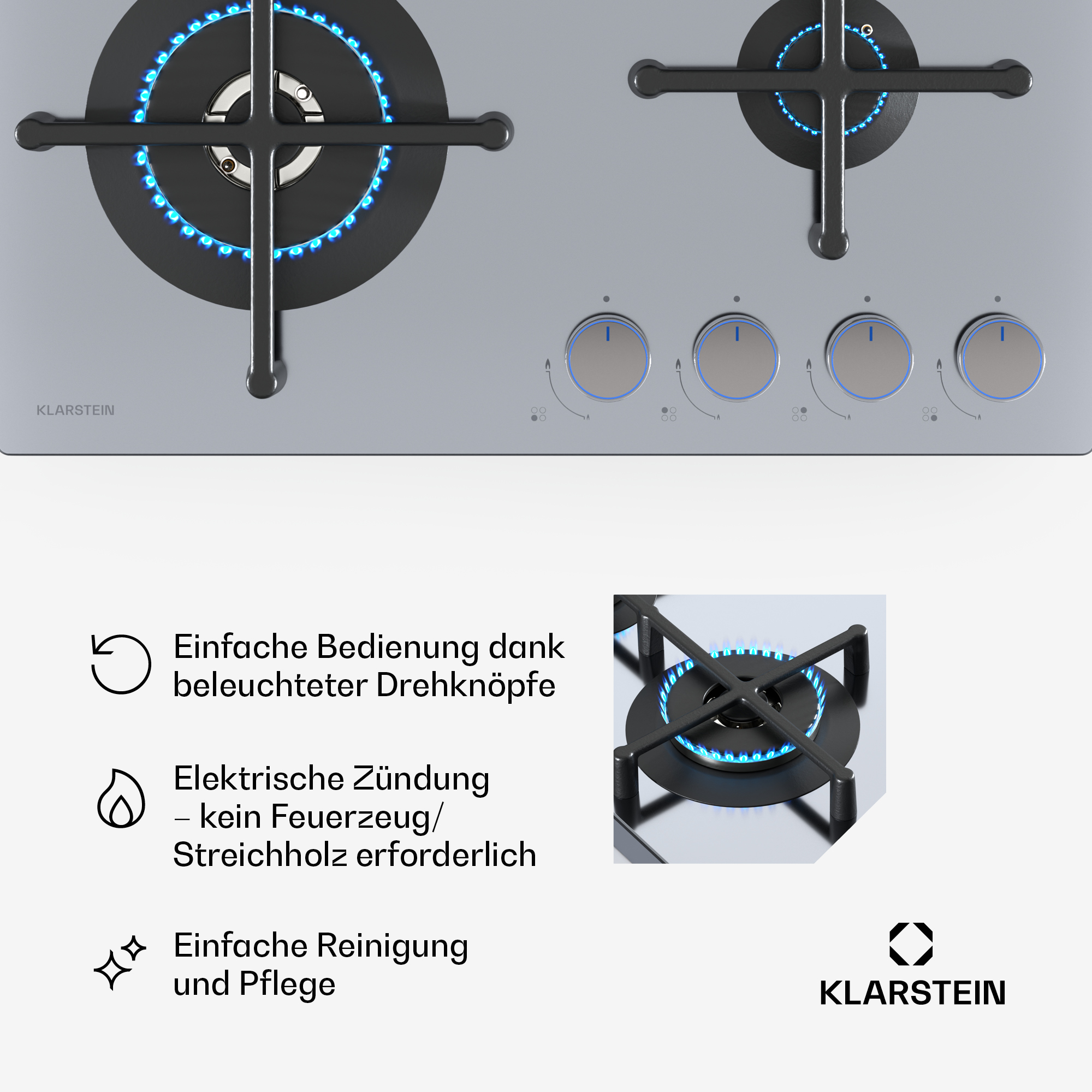 Nahaufnahme eines silbernen Gasherds mit blauen Flammen.
