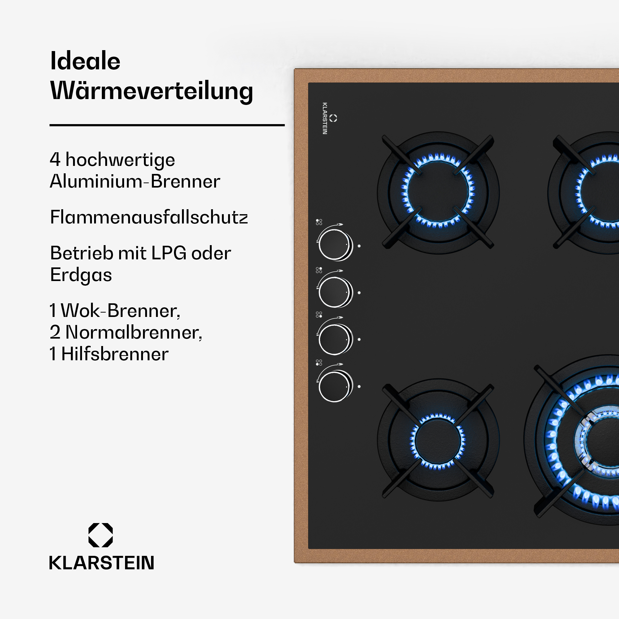 Schwarzes Kochfeld mit blauen Flammen. Text beschreibt die Brenner: Wok, normal und Hilfsbrenner.