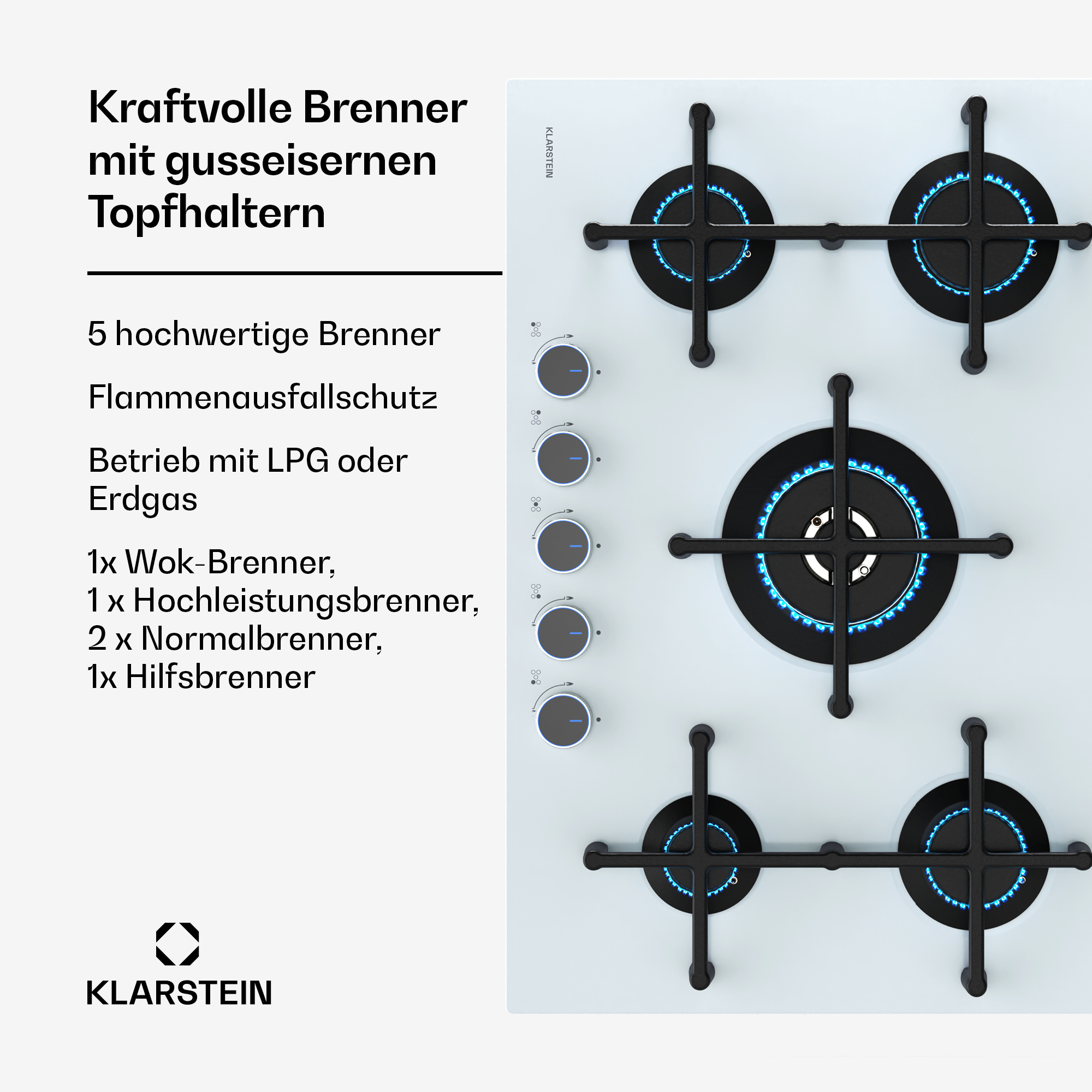 Ein weißer Gasherd mit fünf Brennern und schwarzen Gusseisen-Topfhaltern. Text auf Deutsch.